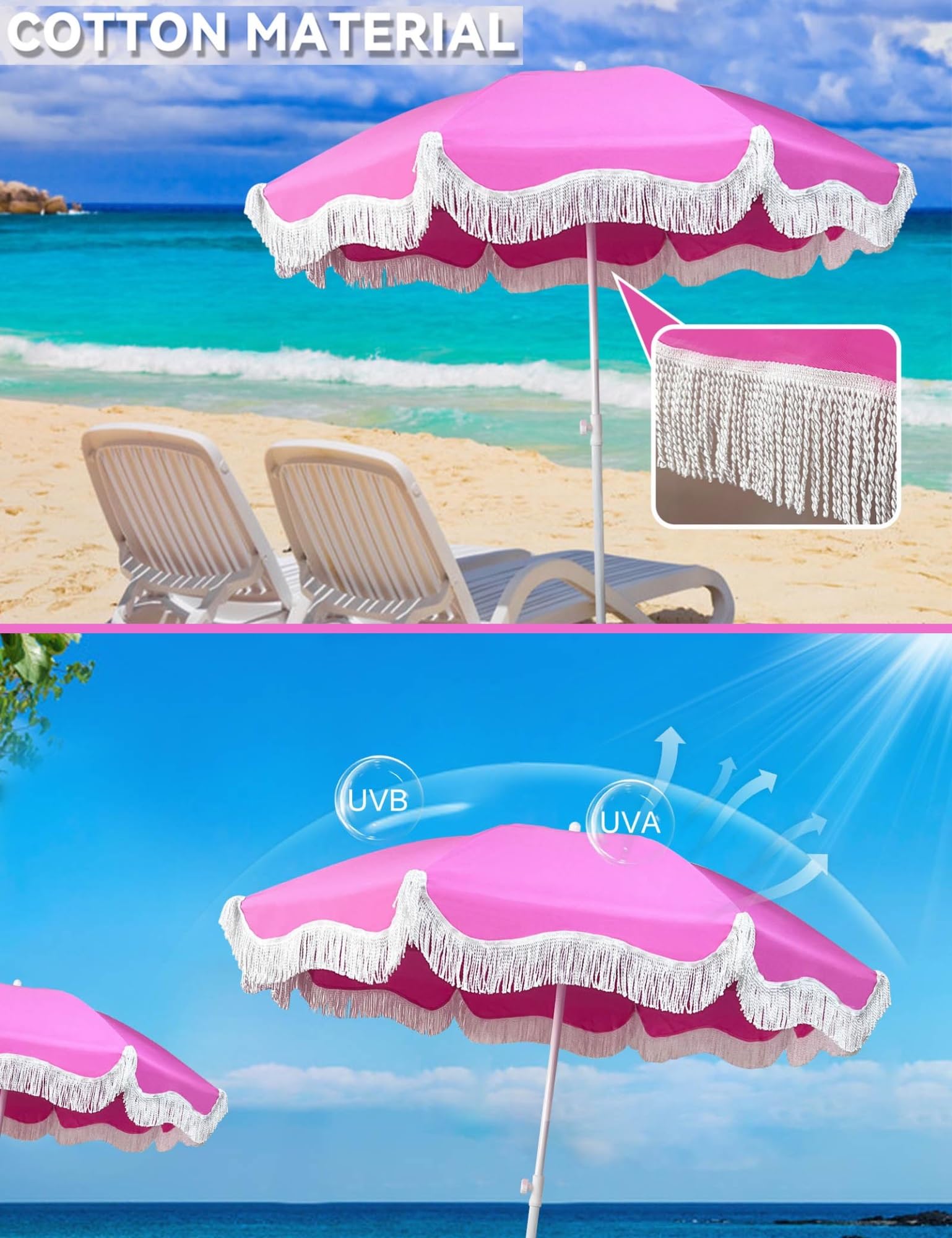 Ombrellone da spiaggia portatile Boho da 1,8 m, antivento, rosa, inclinabile, parasole da patio con 8 stecche e palo in ferro, leggero per esterni, piante