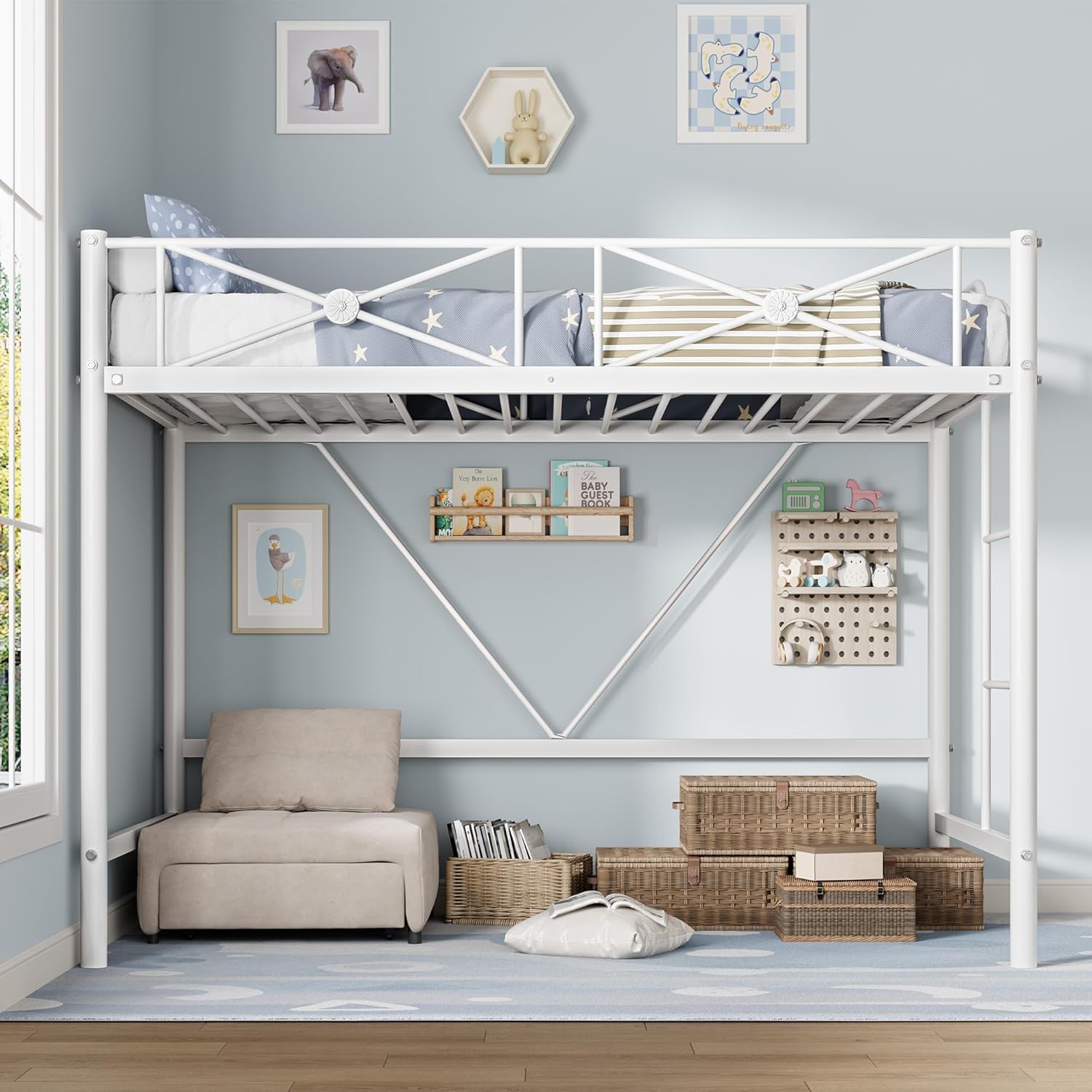 GarveeHome Twin Loft Bed Frame, Heavy Duty Metal with 400 Lbs Weight Capacity, Space-Saving & Noise-Free Design, Industrial Loft Bed for Kids, Teens, Adults, White