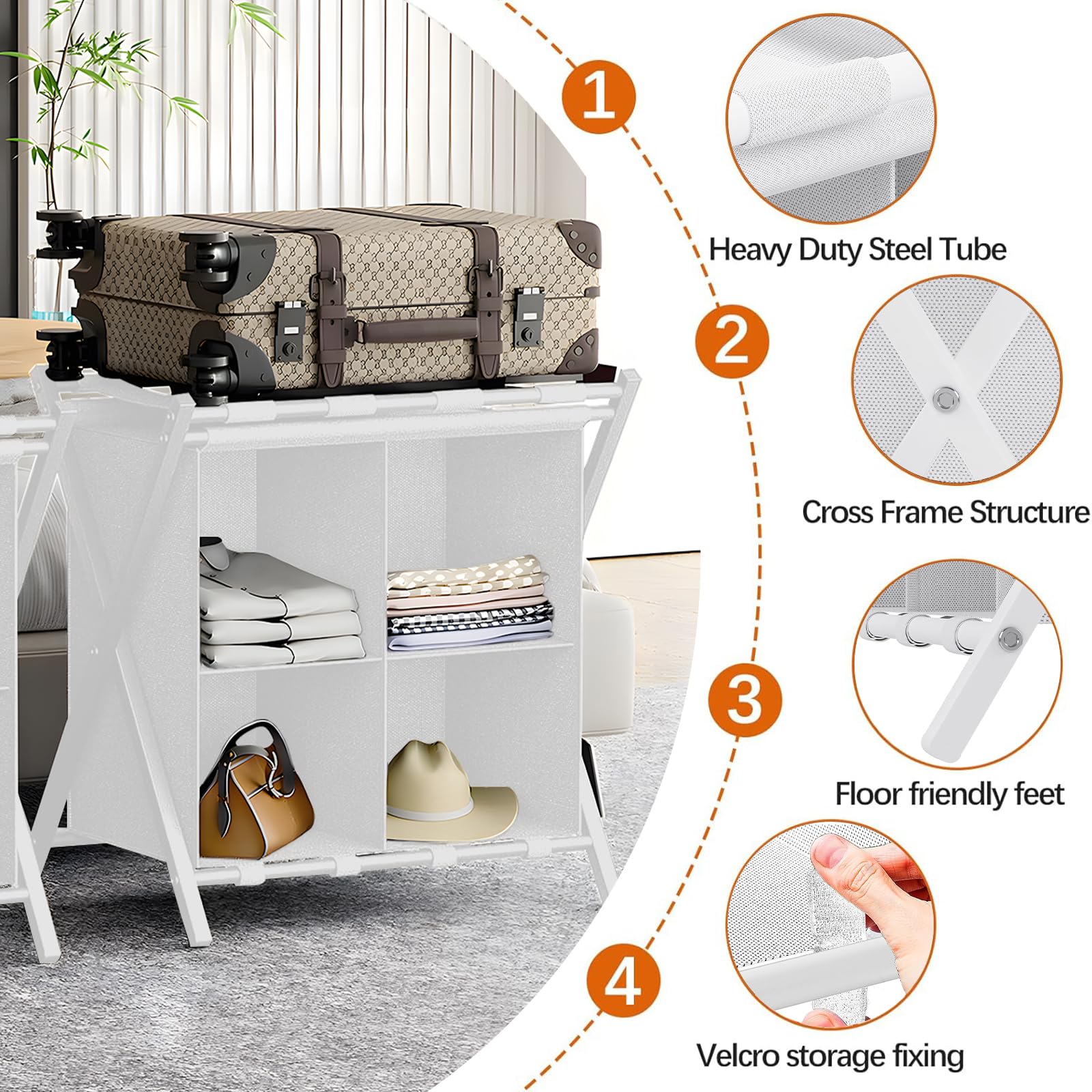 Huhote Portaequipajes para habitación de invitados, juego de 2, soporte plegable para maleta con estante de almacenamiento de tela, soporte de equipaje, soporte plegable de acero para habitación de