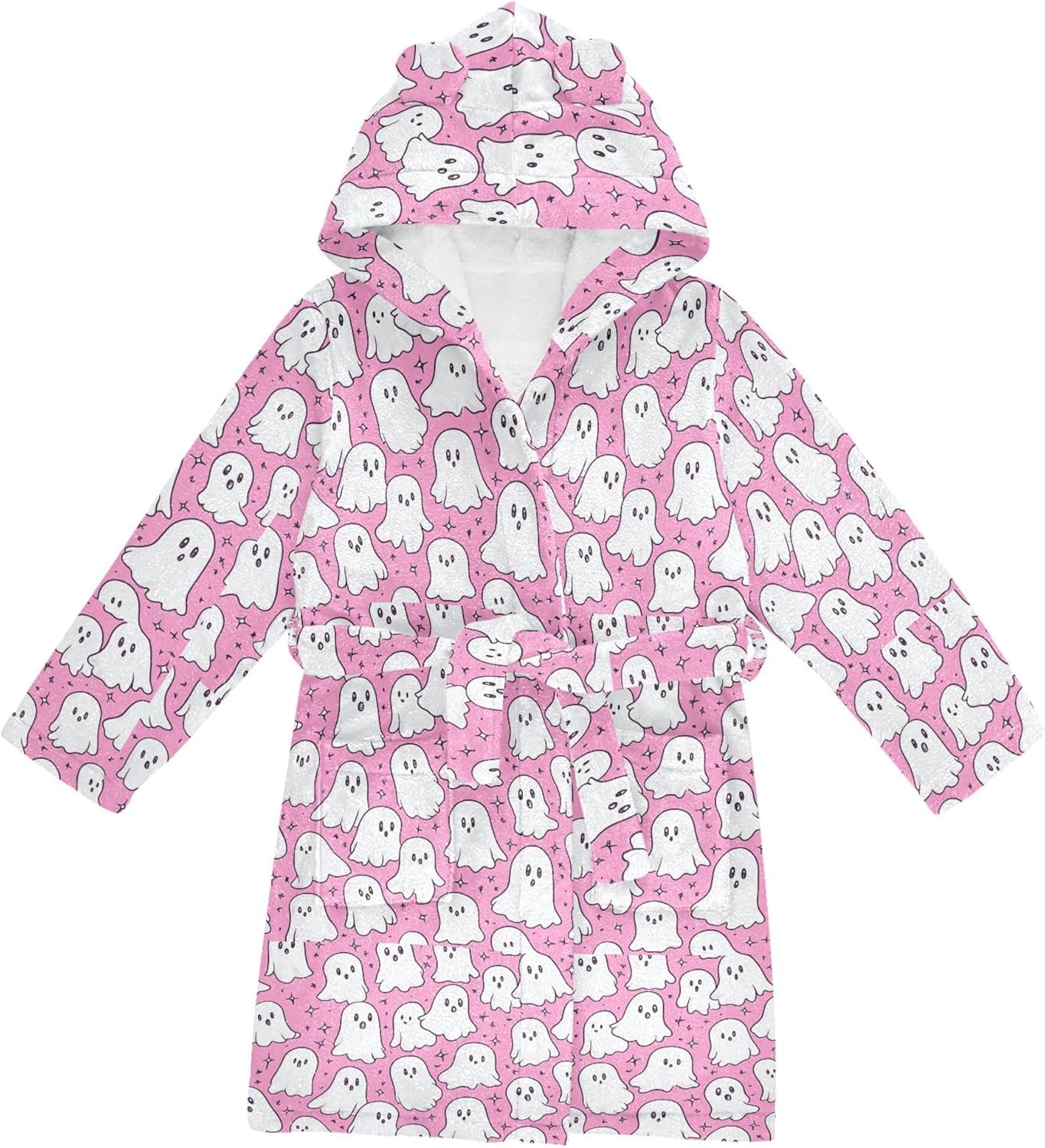 Cute Cartoon Ghosts Halloween Bathrobe Hooded PJ Robe Plush Fleece Robe Pajama Sleepwear 2-12 Years