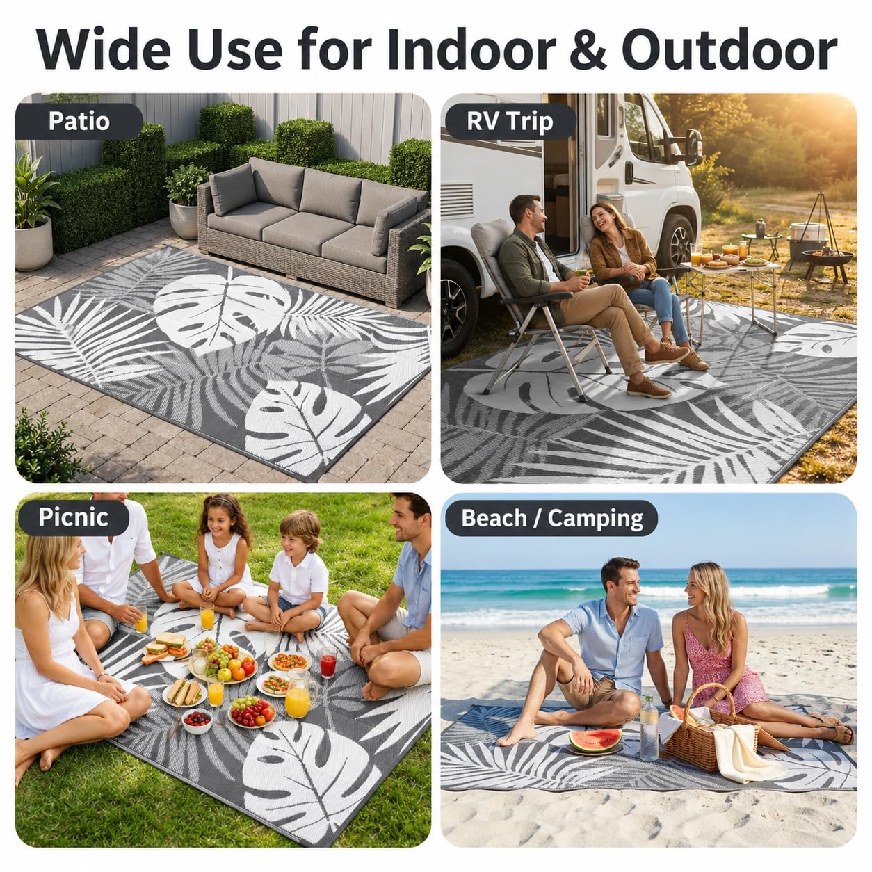 Hixingo Tappeto da Esterno Impermeabile (Bianco,152 * 244cm) | Grande in Plastica Tappeto da Giardino Reversibile Leggero Resistente ai Raggi UV Pieghevole Tappetino per Patio Balcone