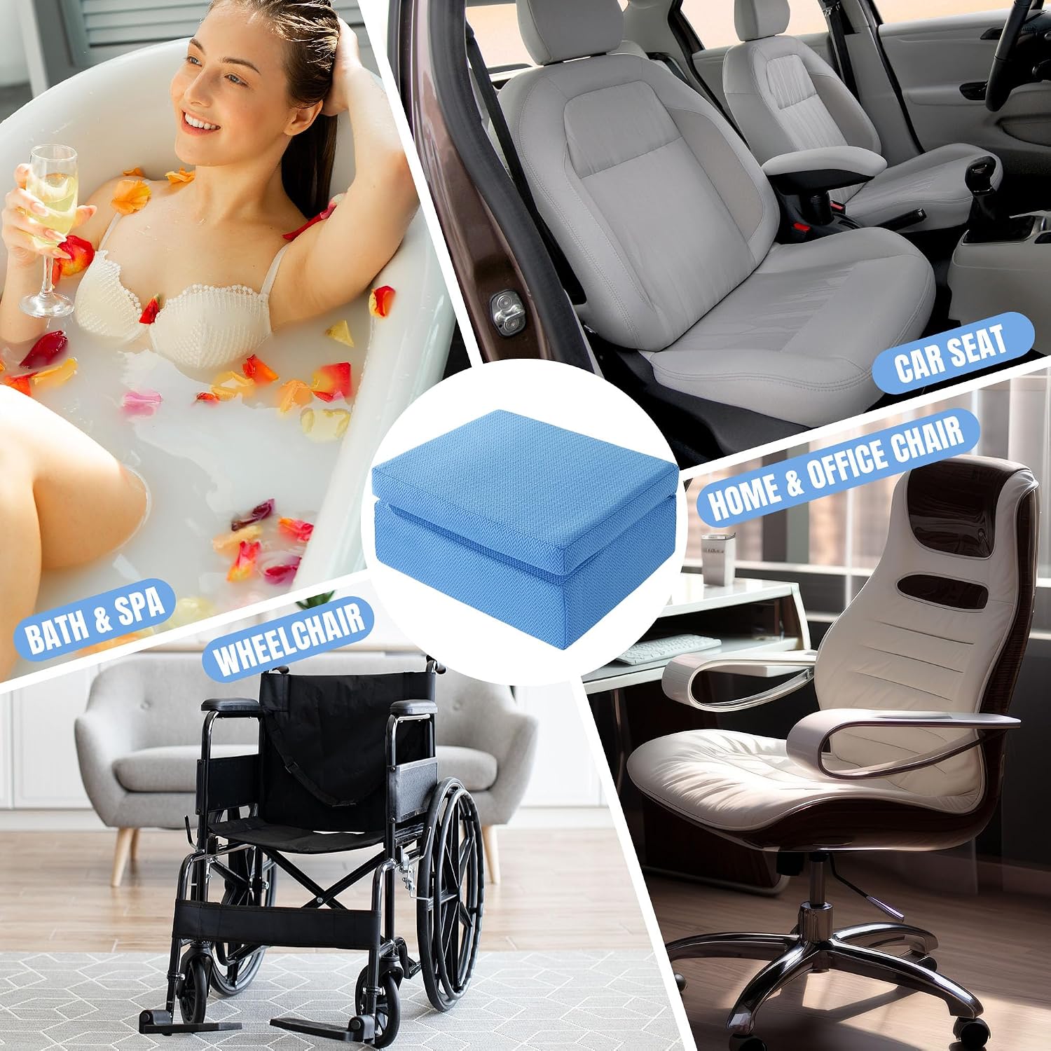 MABOZOO 2 Pcs Foldable Hot Tub Booster Seat, Adjuatable 2 Heights Extra Thick Hot Tub Pillow Bath Seat with Back Support Cushions, Washable Bathtub Cushion for Indoor Outdoor (Blue)