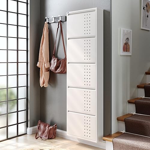 Vista 39 de Gabinete de zapatos de metal de 5 niveles con tapa, organizador de almacenamiento de zapatos duradero para entrada, armario de estante de zapatos