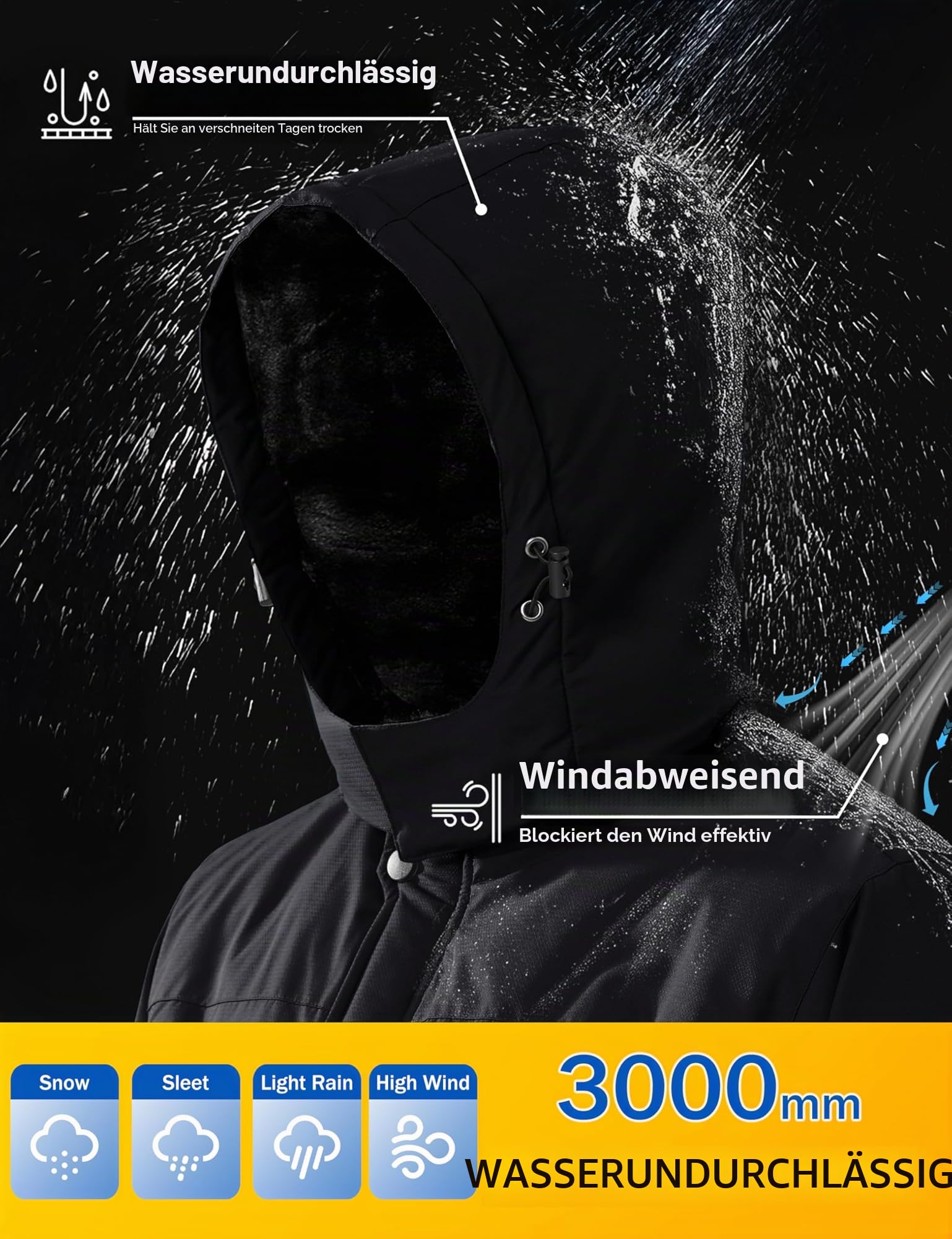 MAGCOMSEN Herren Skijacke Wasserdicht Winterjacke Gefüttert Winddicht Wanderjacke mit Abnehmbarer Kapuze