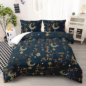 AILONEN Moon Comforter Set Full Size, Gold Moon Star Leaves Print Bedding Set,Soft Lightweight Quilt Set for Boys Girls Adults Room Decor All Season 3 Pieces, 1 Comforter and 2 Pillowcases