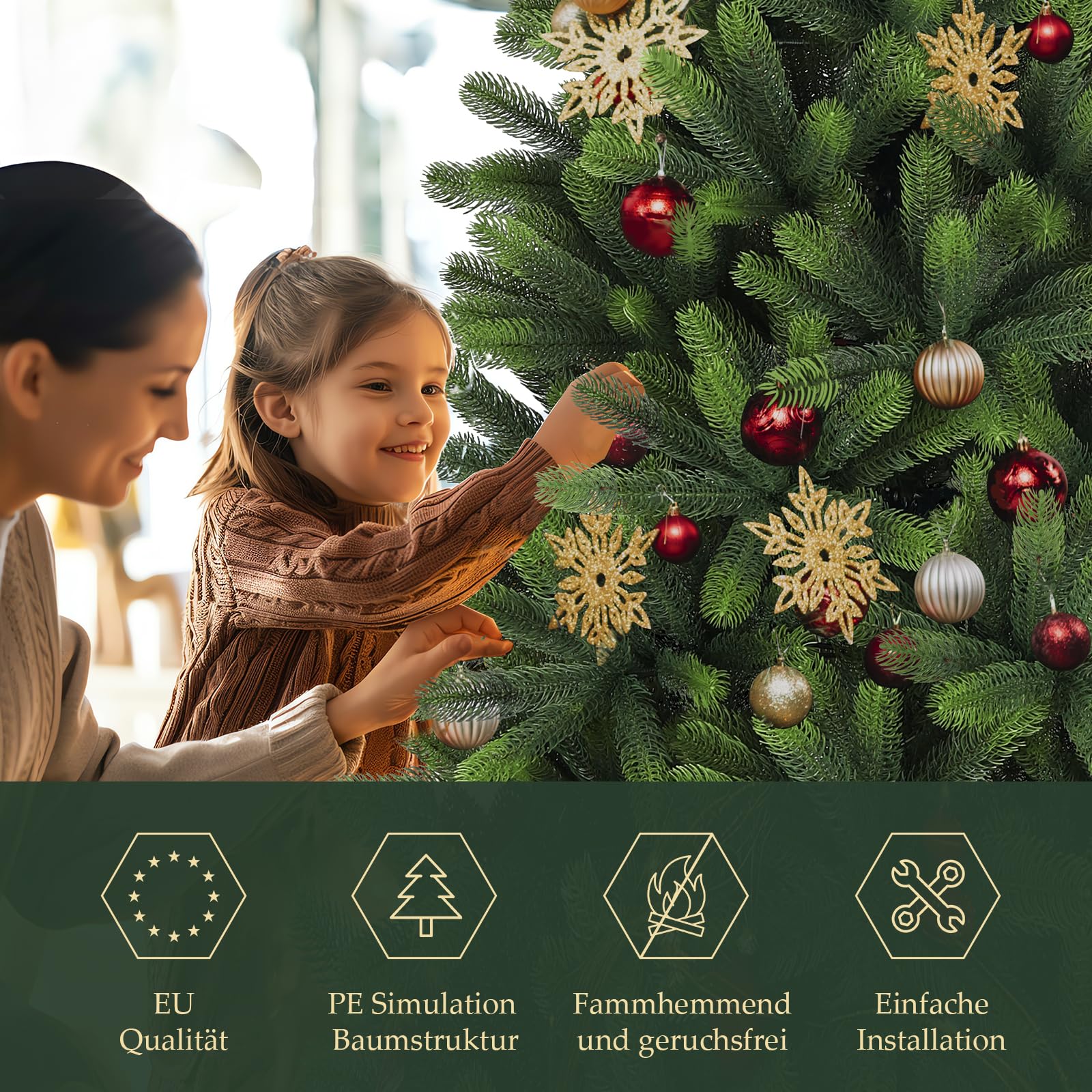 SALCAR Premium Kunst-Tannenbaum 150 cm – Vollständig aus PE – Runde, weiche Nadeln in Naturgrün – Hochwertiger Metallfuß – Edle Weihnachtsdekoration