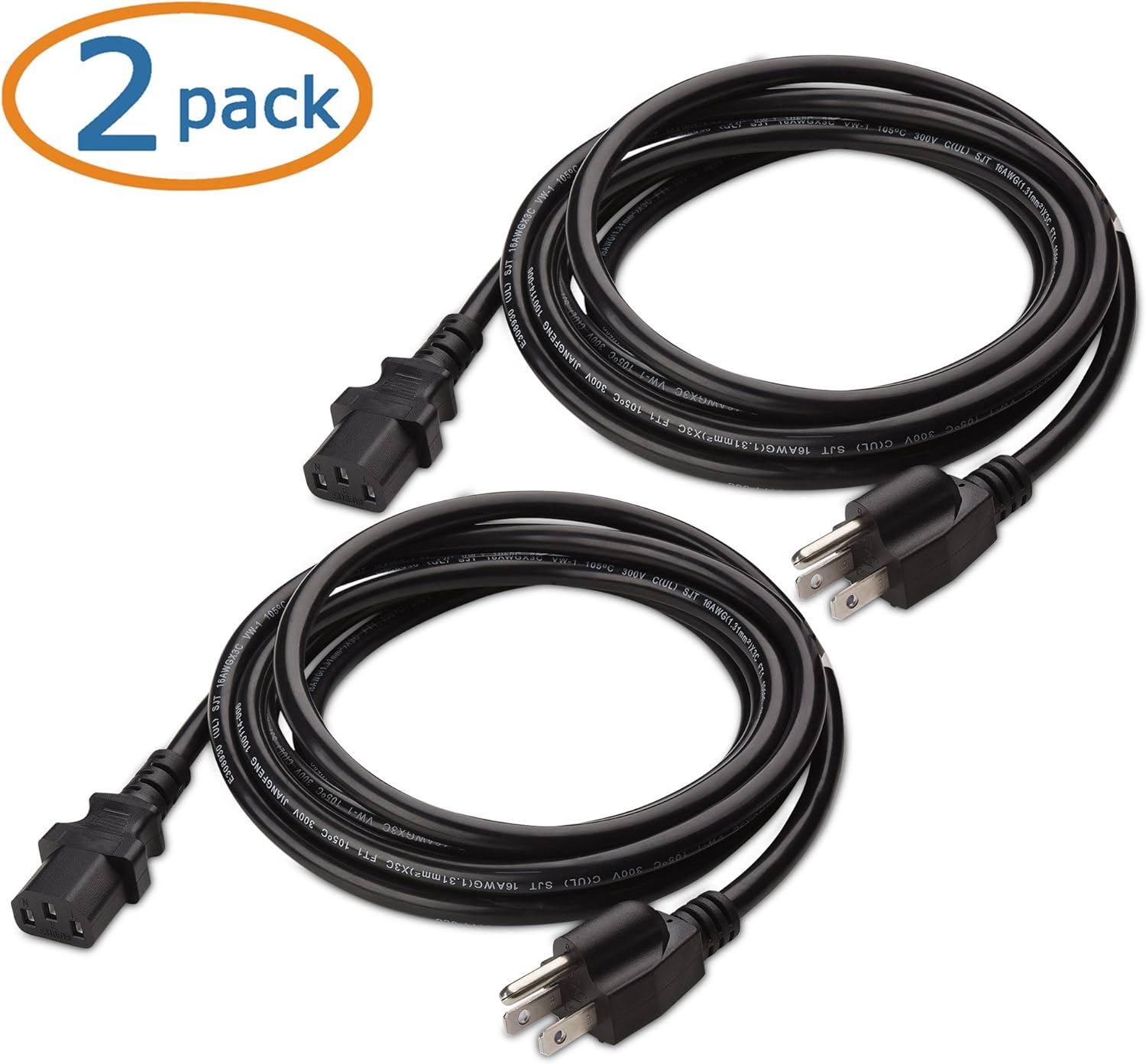 Cable Matters 2-Pack UL Listed 13 Amps 3 Prong Power Cord& 16 AWG Heavy Duty Power Extension Cord 10 ft
