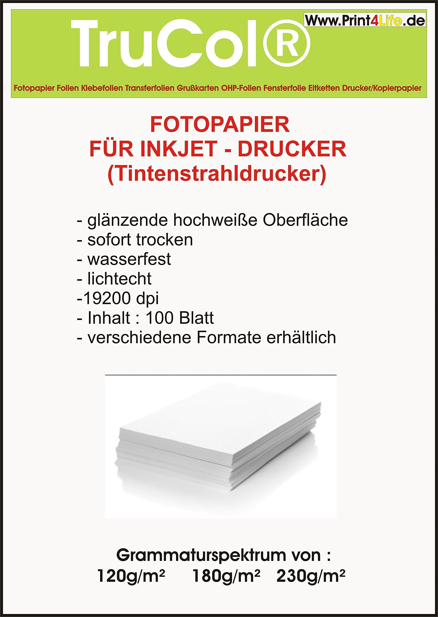 200 sheets of photo paper A4, 180g / qm, high -glossy (high-gloss) -Instant dry -wasserfest-bright white-very high color brilliance, for InkJet printer (ink jet)