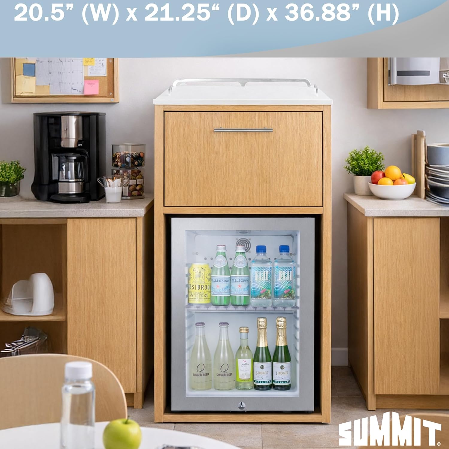 Summit 21" Coffee Station With Minibar, 1.2 cu.ft. Refrigeration Capacity, Hospitality Cabinet, Light Oak, Stainless Steel - QCSDR3OAK