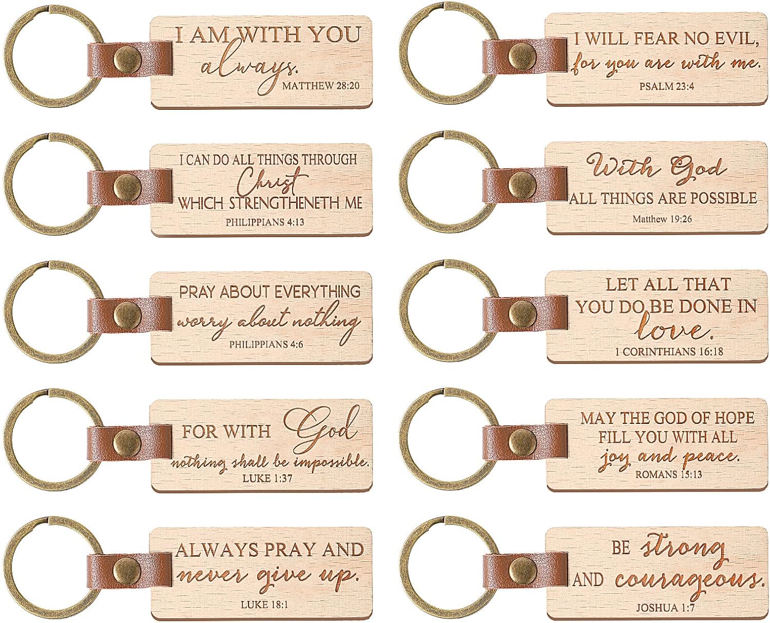 Fumete 10 Pcs Christmas Wooden Christian Keychain Bulk PU Leather Inspirational Bible Verse Keychain Religious Key Chain Gifts for Church Women Men