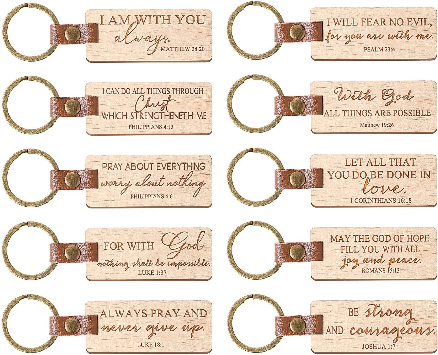 Fumete 10 Pcs Mothers Day Wooden Christian Keychain Bulk PU Leather Inspirational Bible Verse Keychain Religious Key Chain Gifts for Church Women Men