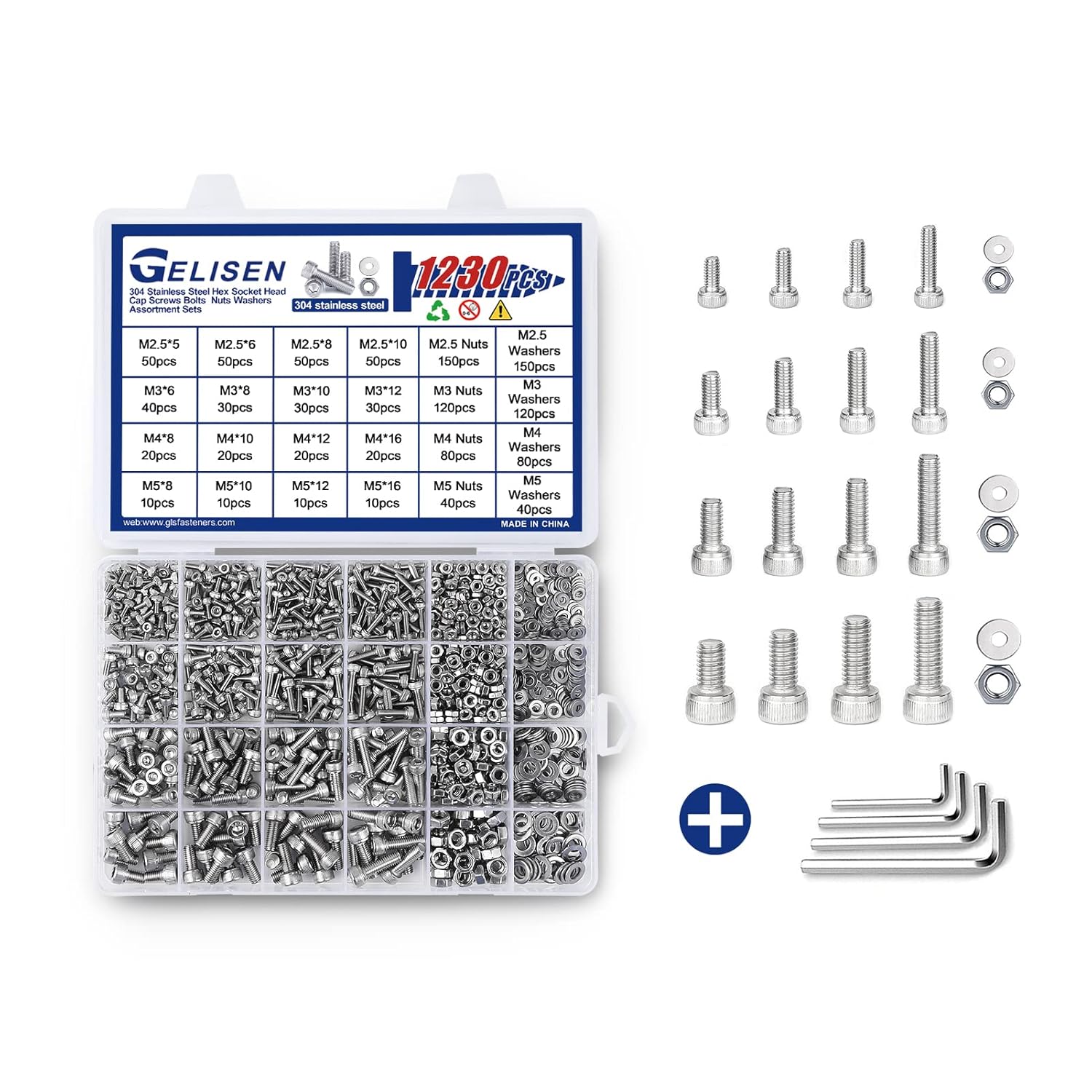 1230Pcs M2.5 M3 M4 M5 Silver Hex Socket Head Cap Screws Nuts Washers Assortment Sets,304 Stainless Steel Socket Cap Screws Bolts Kit with 4 Allen Wrenches