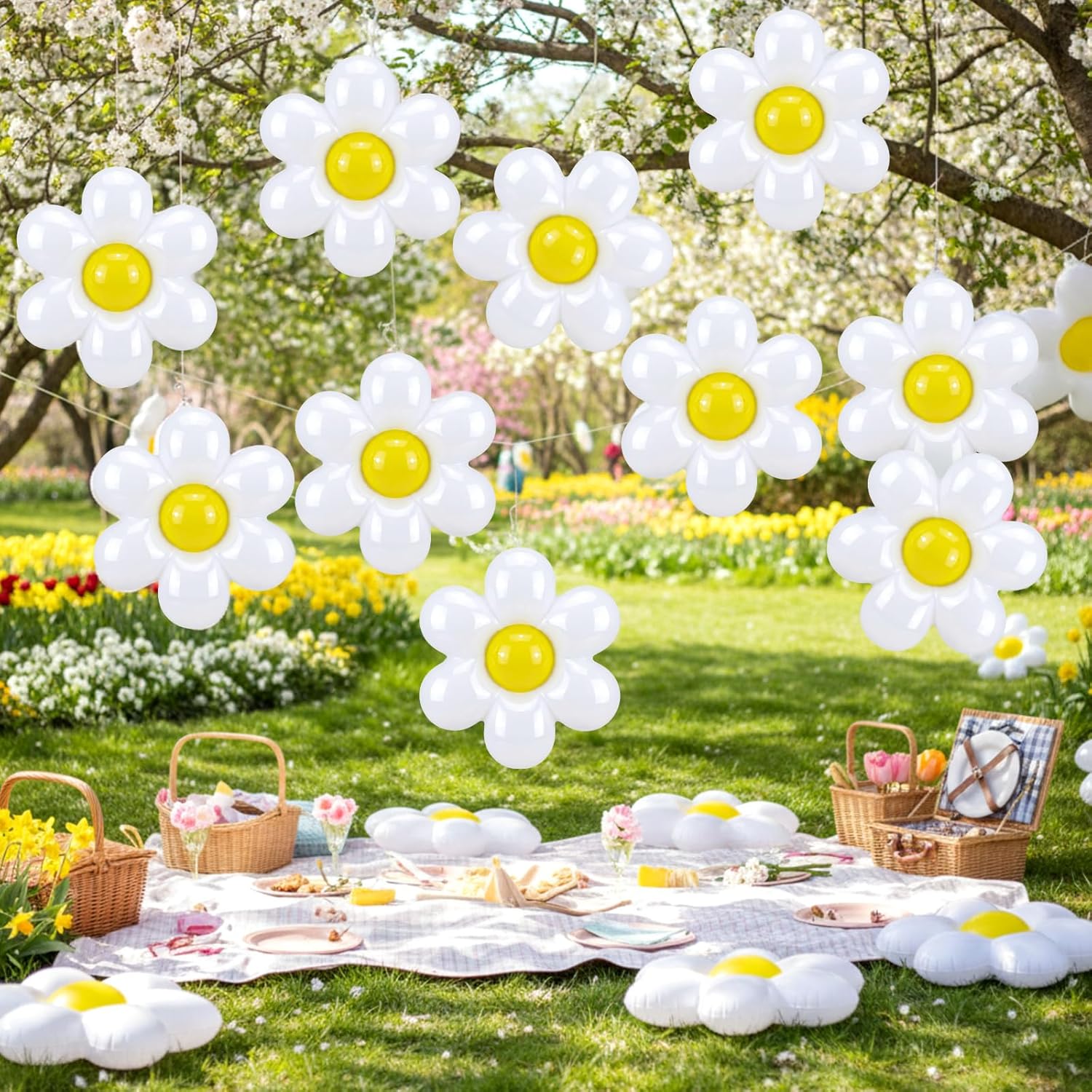 Realspring 18 Pcs Spring Daisy Flower Inflatables Balls 12 Inch Inflatable White Daisy Flowers Blow up Decorations Spring Hanging Ornament Giant PVC Yard Decor for Indoor Outdoor Garden Party Supplies