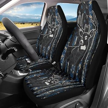 Bulopur Camo Deer Front Auto Seat Covers American Flag Soft Cloth Bucket Seat Covers Breathable Anti-Slip Anti-Wear Elastic Easy to Install Universal Vehicle Accessories