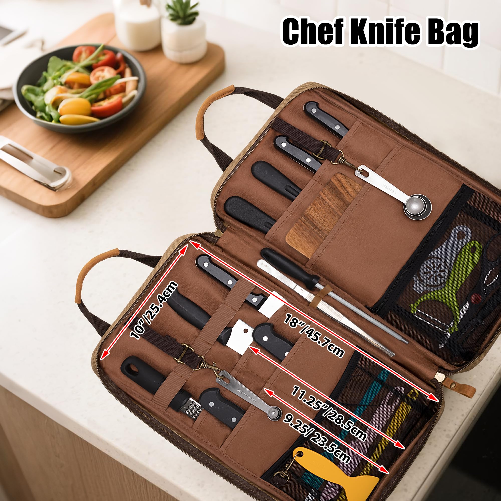 Damero Sac à Couteaux avec 13 Compartiments et 2 Poches Zippées en Filet pour Ustensiles, Malette Couteaux Professionnel avec Poignée et Bandoulière Amovible, Malette Couteaux Professionnel, Sac Seul