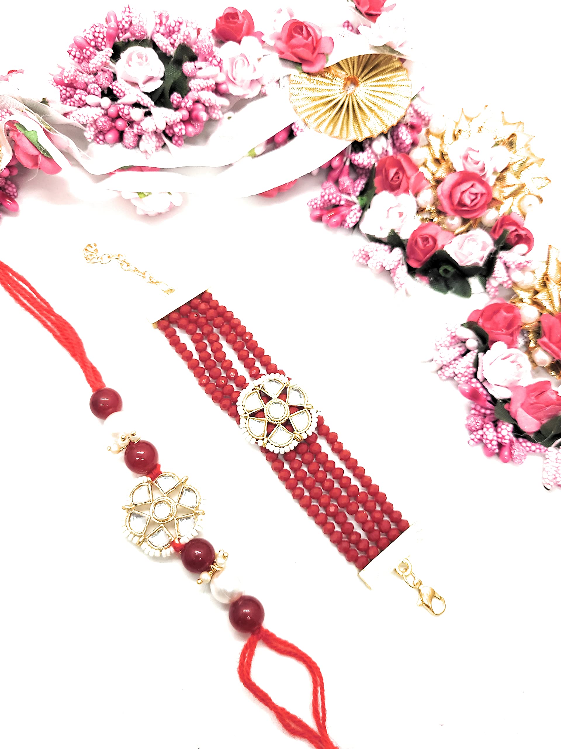 Jhankaar Combo Rakhi for Brother and Bhabhi Kundan Bracelet Rakhi Set with Chain Lumba Rakhi for Bhabhi Couple Rakhi Set For Men (Red) (B0B4S41K8P) Amazon Price History, Amazon Price Tracker