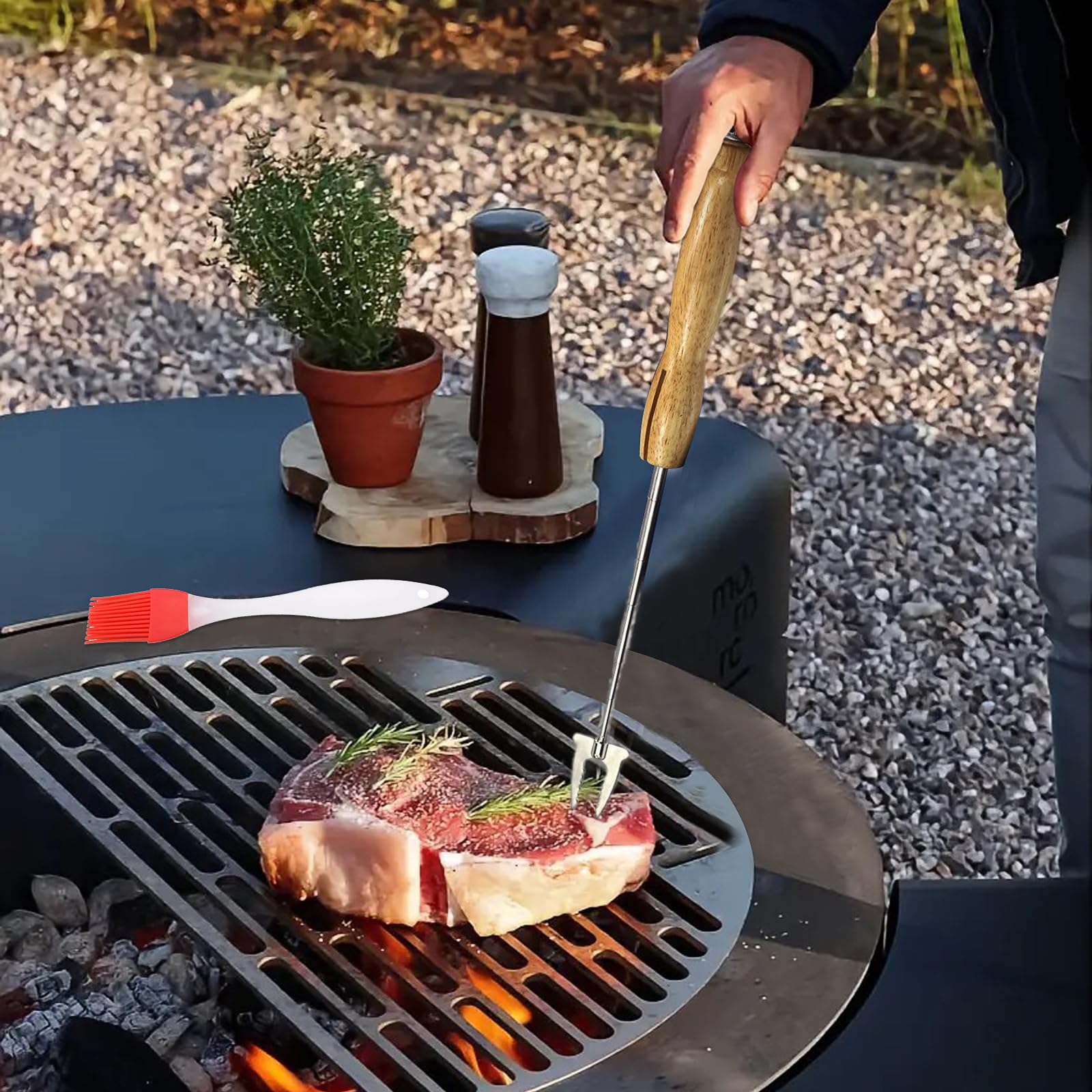 Brochettes Extensibles pour Barbecue – 2 Pièces en Acier Inox + 1 Pinceau en Silicone – Piques à Marshmallow & Pain à Bâton pour Feu de Camp, Camping, Grillades