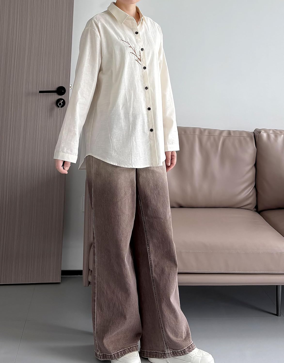 FTCayanz Women's Long Sleeve Shirts Cotton Linen Button Down Blouses Boho Embroidered Tunic Tops - Image 4