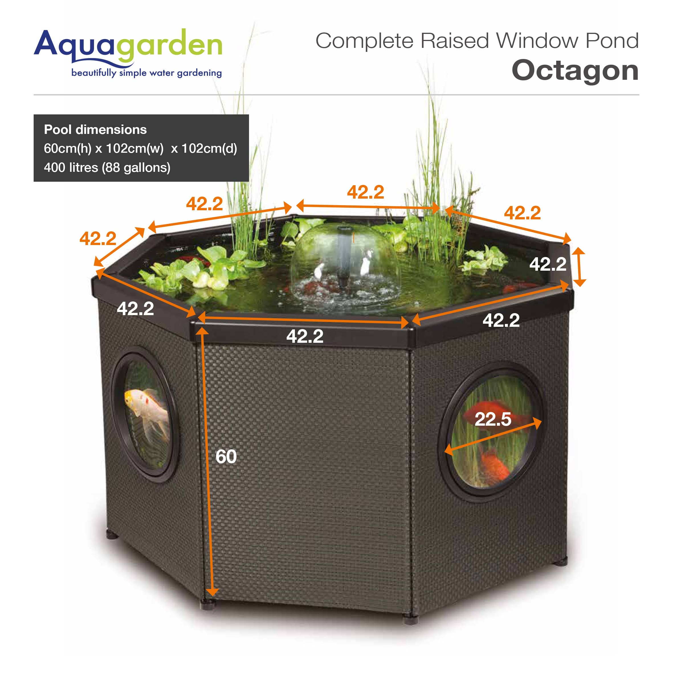 Aquagarden, Affinity Kit completo per laghetto alto con finestre, ottagonale, piscina con gioco d'acqua, tra cui Inpond 5 in 1 2000 pompa dell'acqua e stagno con chiarificatore UV, tre finestre