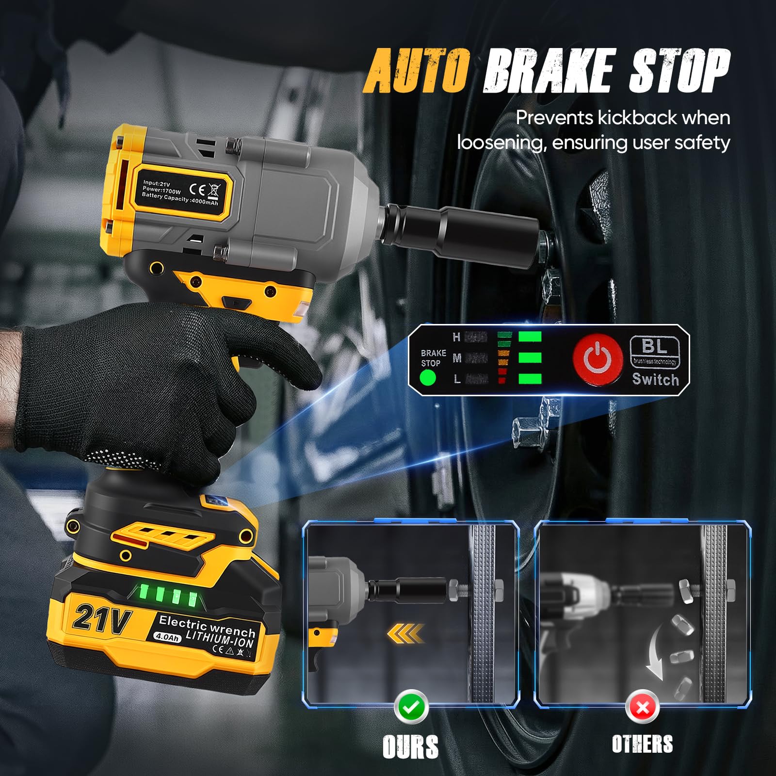 1200N.m Llave De Impacto con 8000mAh Baterías, 1/2 Pistola De Impacto Electrica para Coches Camiones,con 5Enchufes, Barra de extensión de 5",Atornillador de Impacto Giratorio Para Coche Tiers