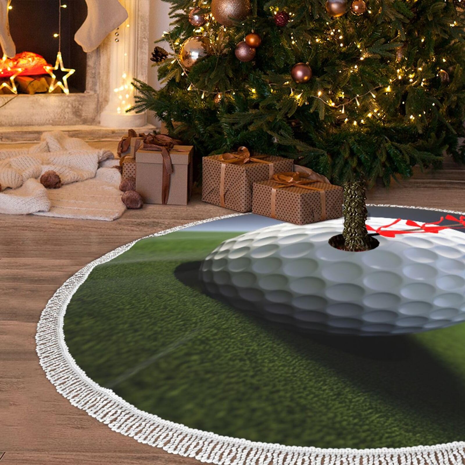 Jupe de sapin de Noël avec pompon de 91,4 cm à imprimé balle de golf