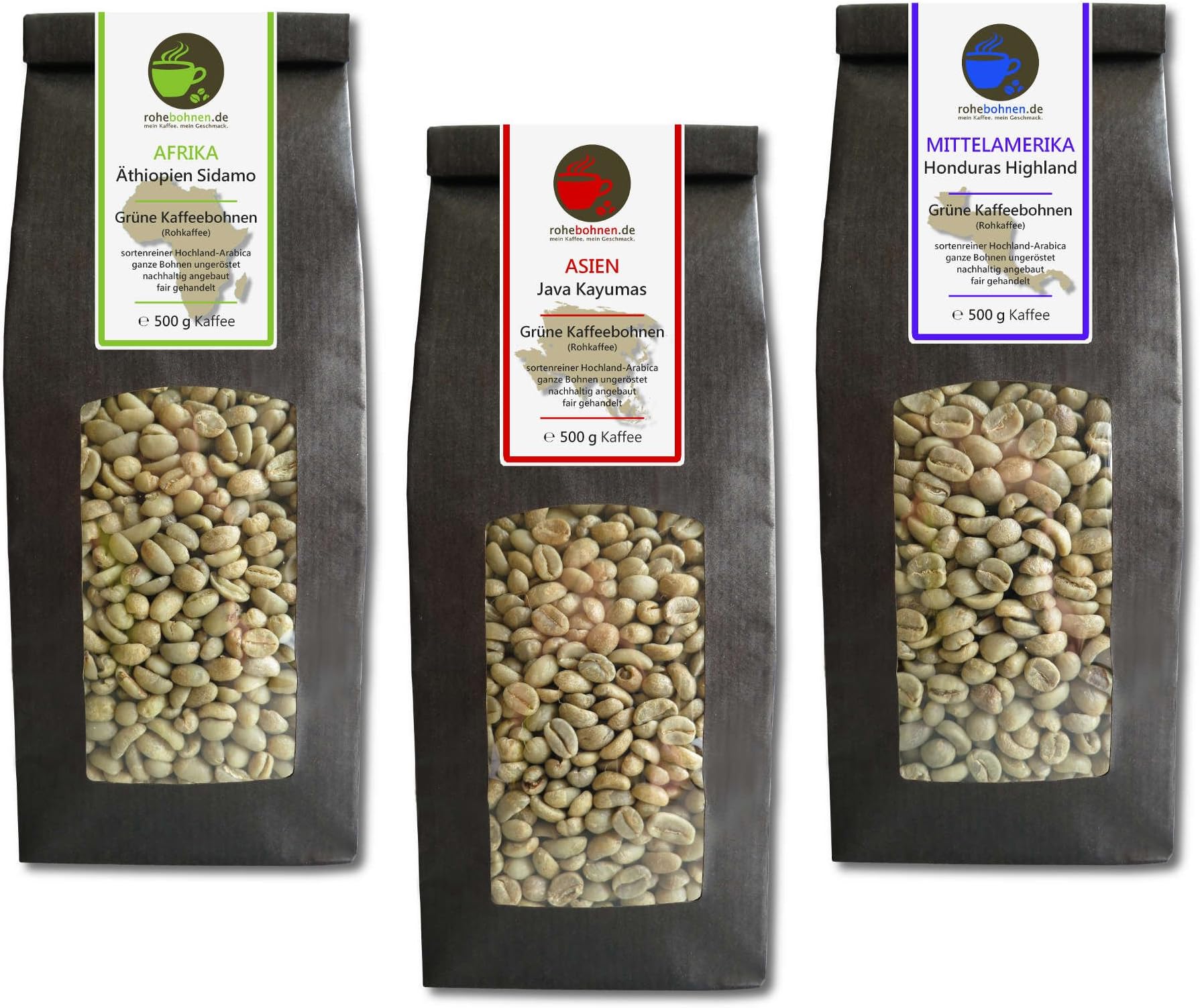 Green coffee beans Ethiopia, Java, Honduras (highland raw coffee beans, unroasted) 3x500g value pack - GMP certified