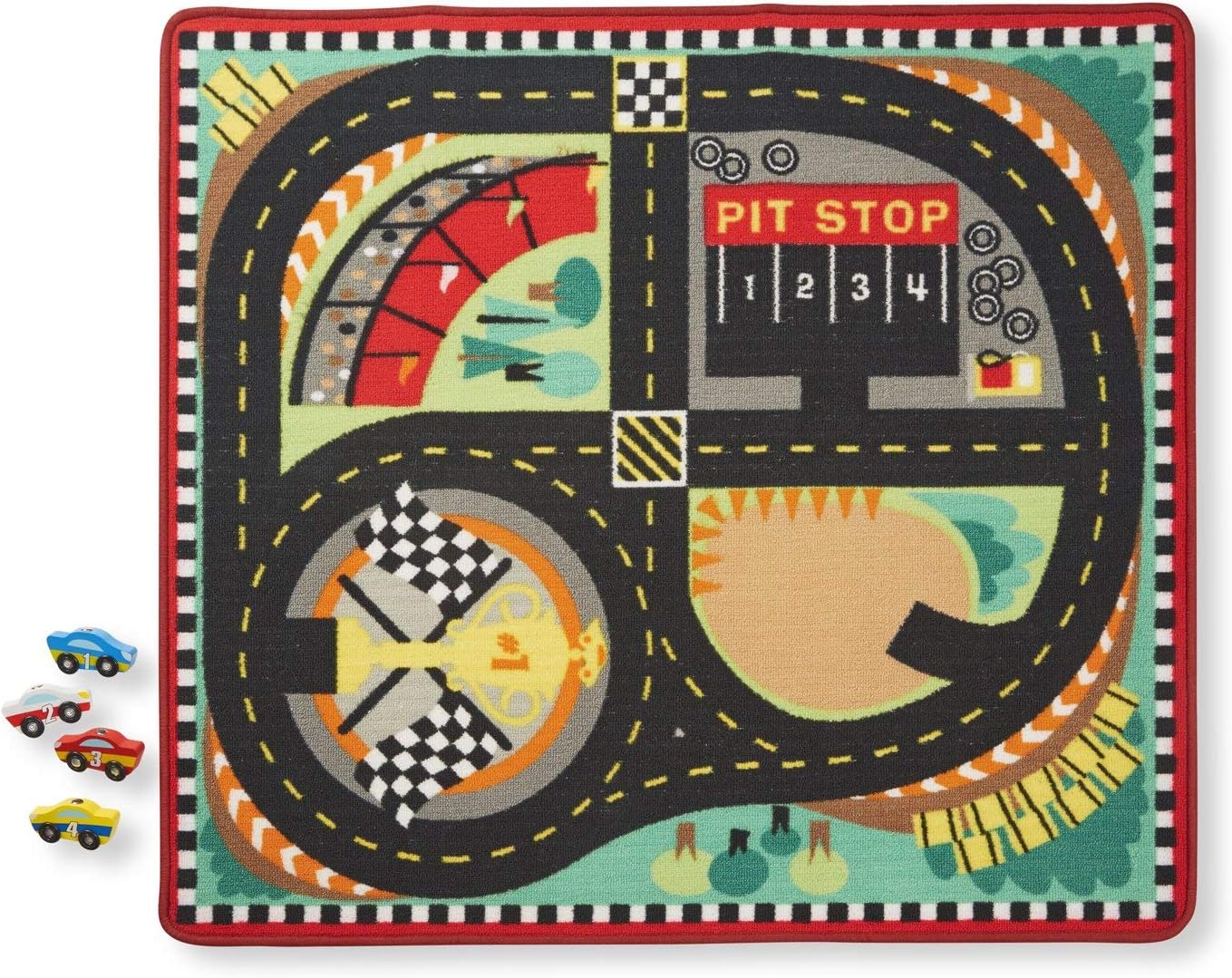 Melissa & Doug Round The Speedway Race Track Rug with 4 Race Cars (39 x 36 inches)