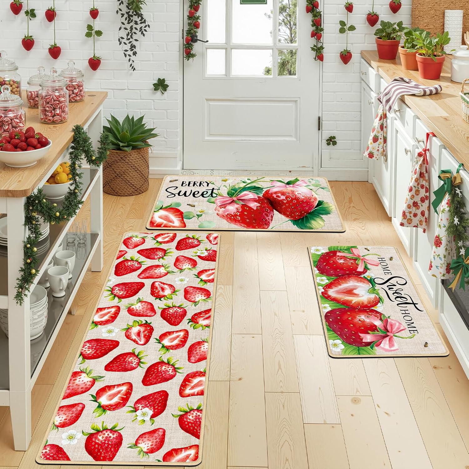 Strawberry Kitchen Mats Set of 3, Berry Sweet Fruit Kitchen Rugs Non Slip for Floor, Home Sweet Home Spring Summer Decorative Rug for Home Decor(16x28 +16x47 Inches)