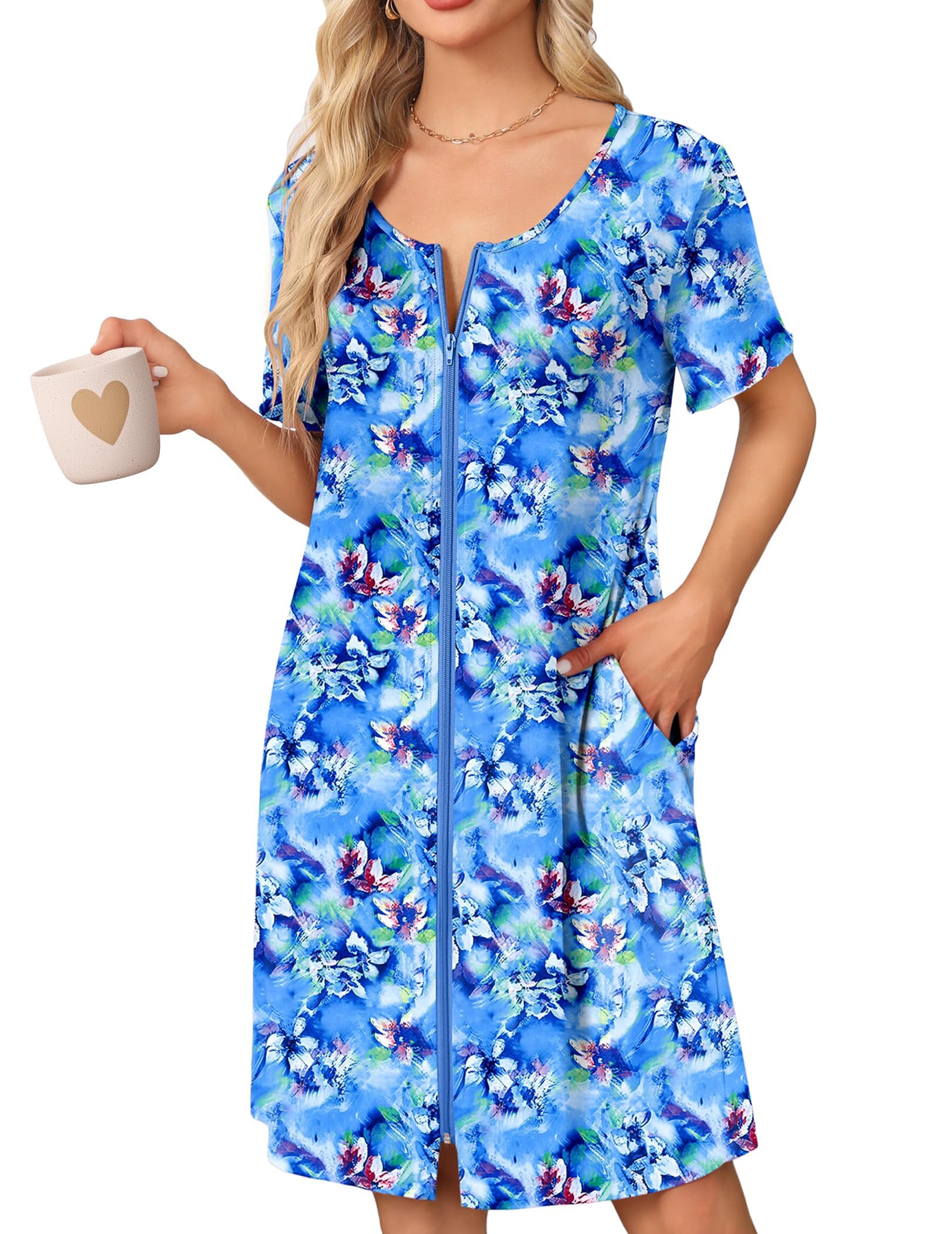Ekouaer Womens' Zipper Robe Short Sleeve Bathrobes Summer Sleepwear Soft Housecoat with Pockets Zip Up House Robes S-3XL