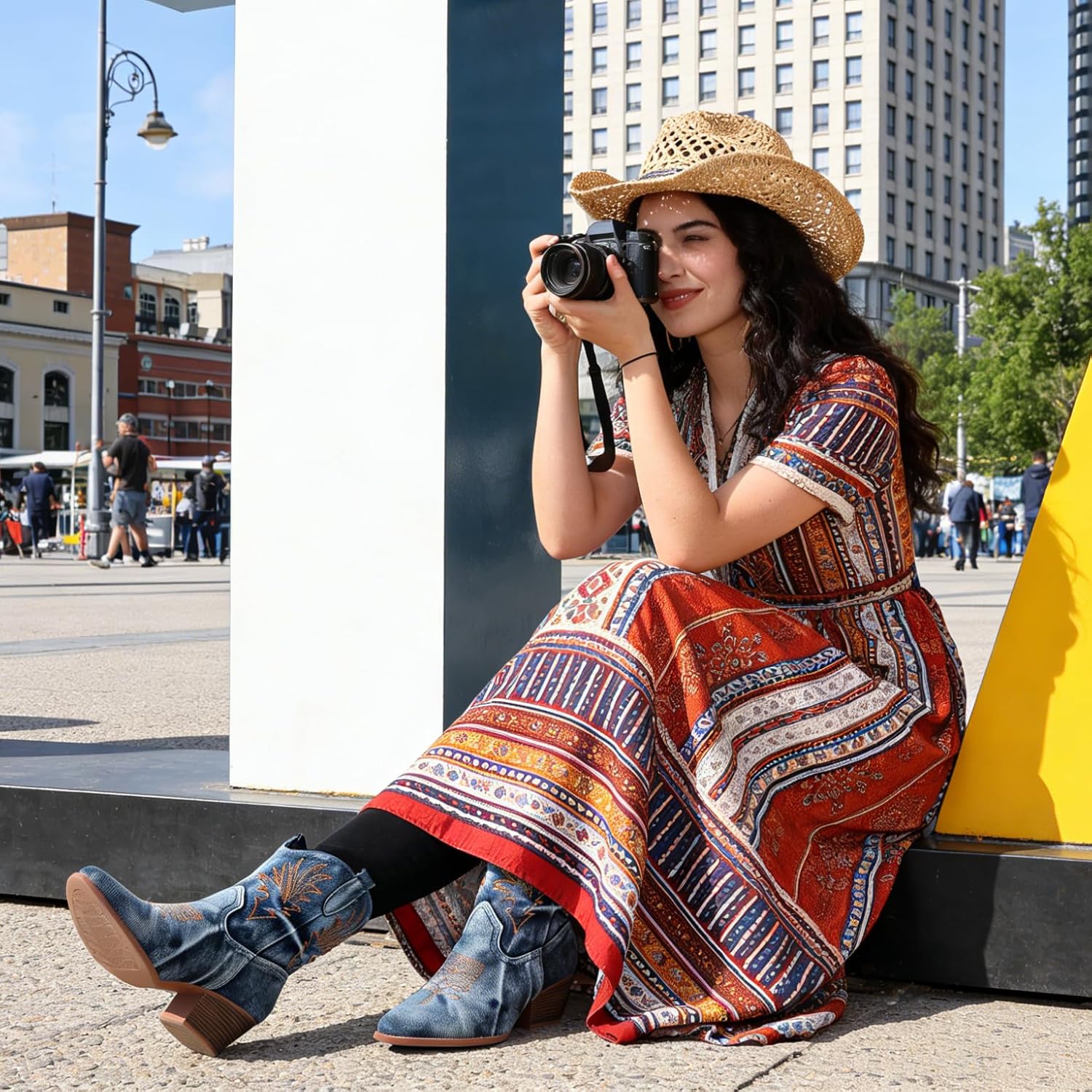 Bandkos Cowboy Boots for Women Ankle Cowgirl Booties Wide Mid Calf Pointed Toe Western Boots Short Chunky Classic Booties - Image 2
