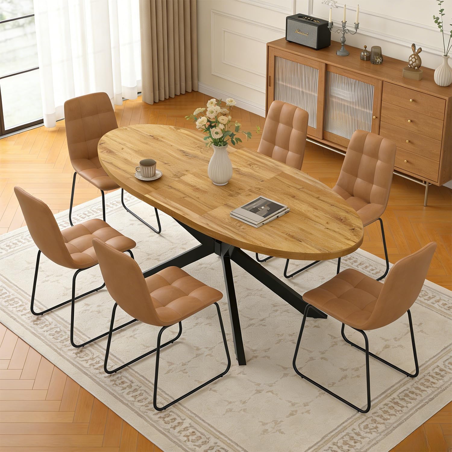 63"-78.7" Extendable Round Dining Table for 4-6 People, Mid Century Modern Oval Kitchen & Dining Room Table with Metal Frame, Large Folding Dining Table for Dining Living Room Space Saving, Walnut