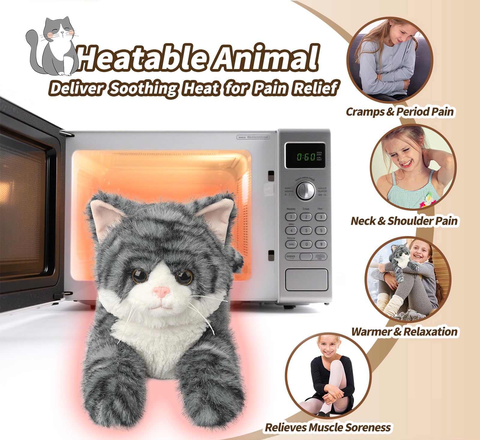 Grey Tabby Cat Stuffed Animals, Microwavable Stuffed Animal Adorable Fluffy Plush for Warmth & Comfort - Image 3