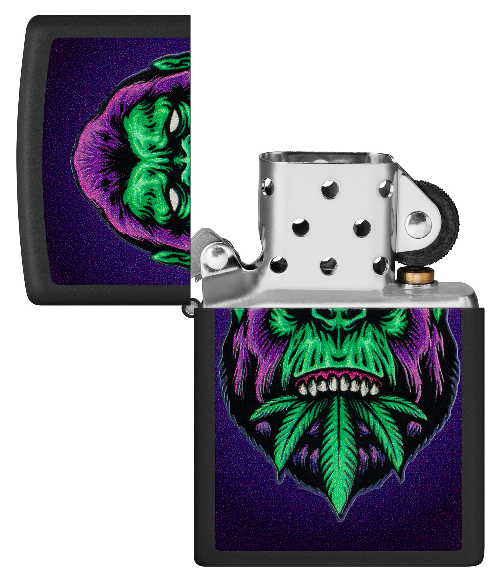 Zippo Encendedor a Prueba de Viento Recargable - Cannabis Gorilla Acabado Negro Mate Efecto Luz Negra