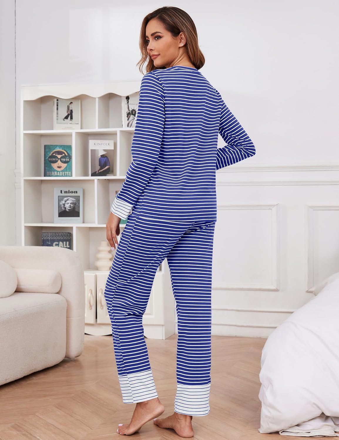 Womens Cotton Pajama Sets Stripe Long Sleeve 2 Piece Lounge Set Soft Pj Set Winter Loungewear Sleepwear with Pockets - Image 5