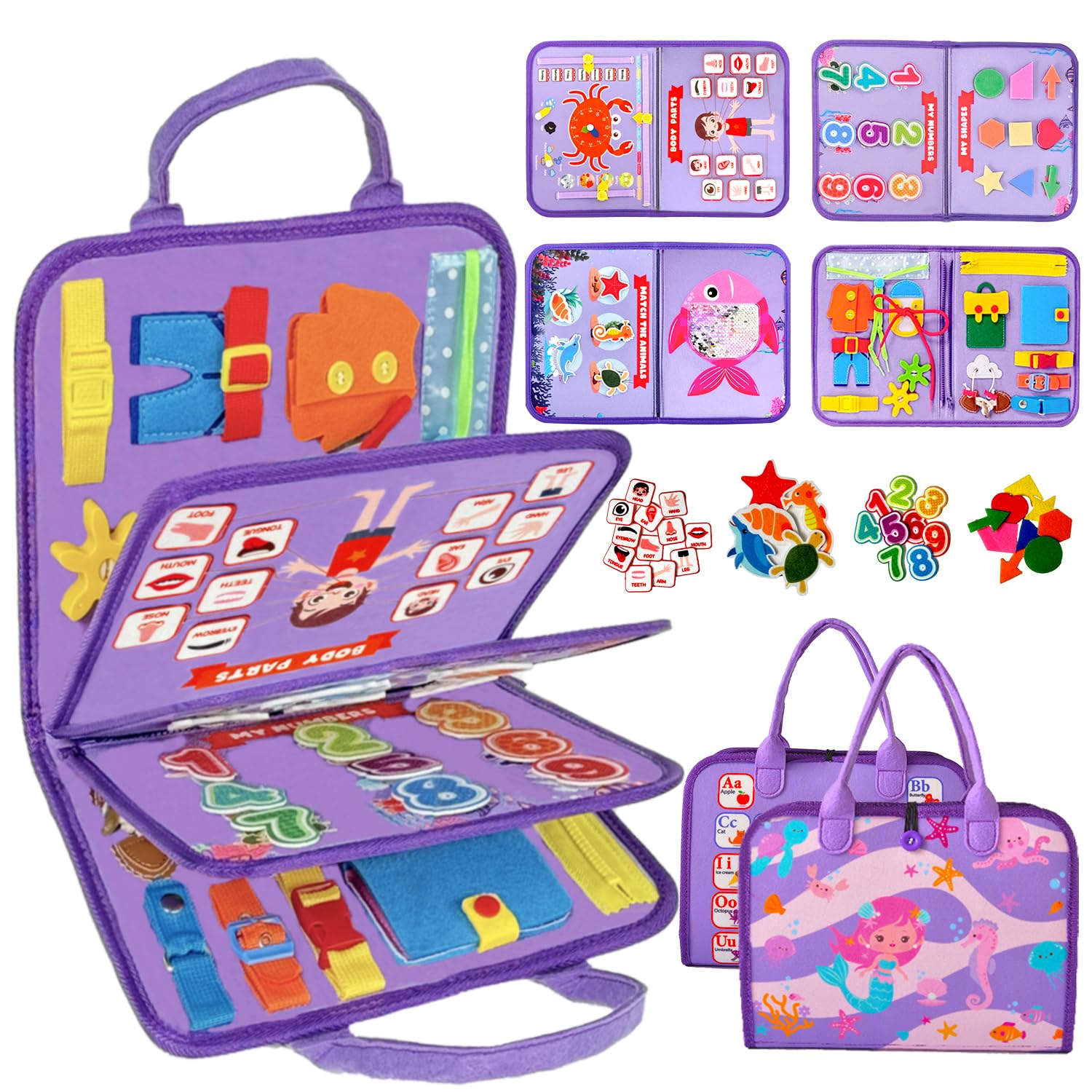 Qizfun Montessori Busy Board Book for Toddlers, Mermaid Sensory Learning Toy for Girls, Educational Fine Motor Skills Toy, Travel Busy Board for Car &