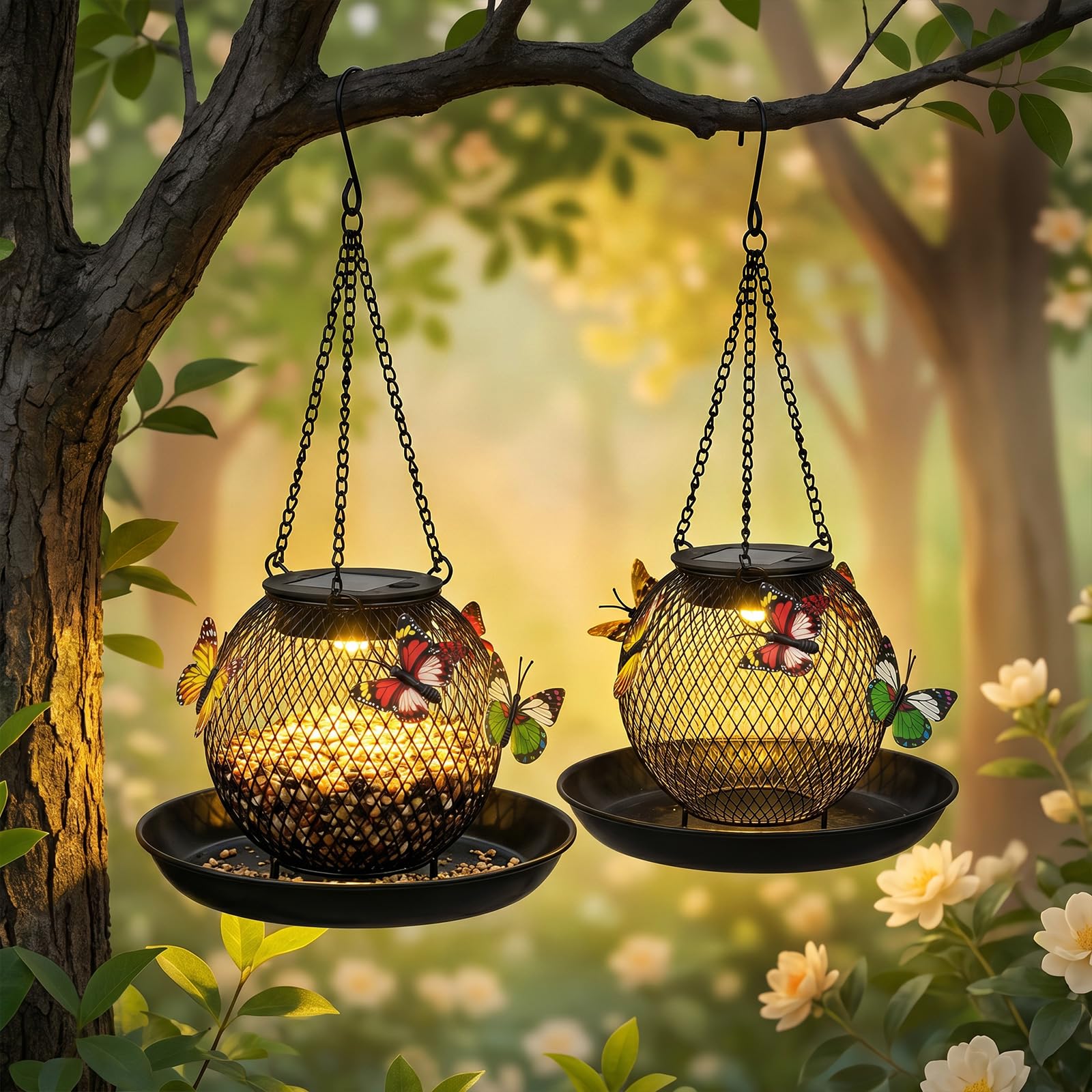 2 Pack Solar Lights Wild Bird Feeders for Outdoors Hanging - Mesh Bird Feeder Metal for Small Birds, Solar Lights Outdoor Garden Ornaments Waterproof for Garden Patio Yard Lanterns Outside (Black)