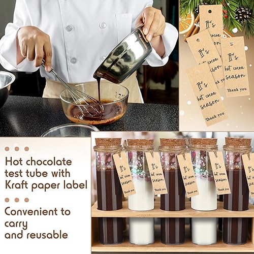 Miniatura 3 de Juego de 24 tubos de ensayo de chocolate caliente de plástico de 2 onzas con etiqueta de agradecimiento tapones de corcho y cuerda, cacao para