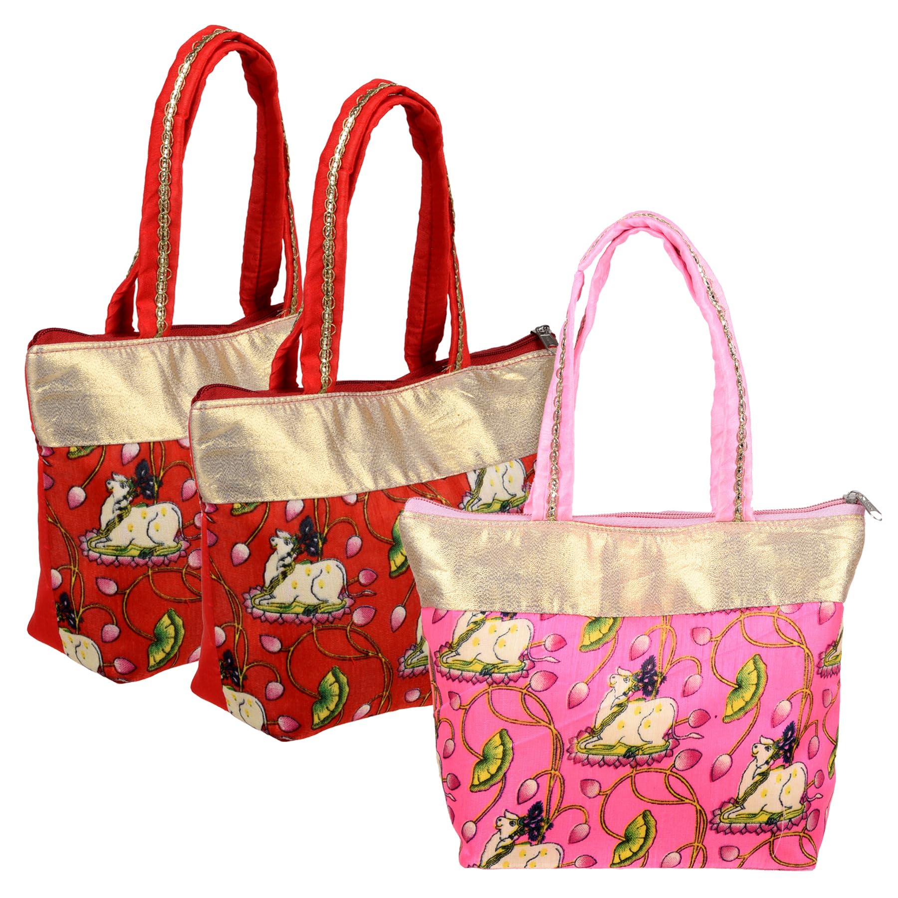 3 Pack Multicolour Silk Cow Print Mini Hand Purse, Women's Traditional/Cultural Hand Bag, Set of 3, 20 x 19 x 9 cm-image-46