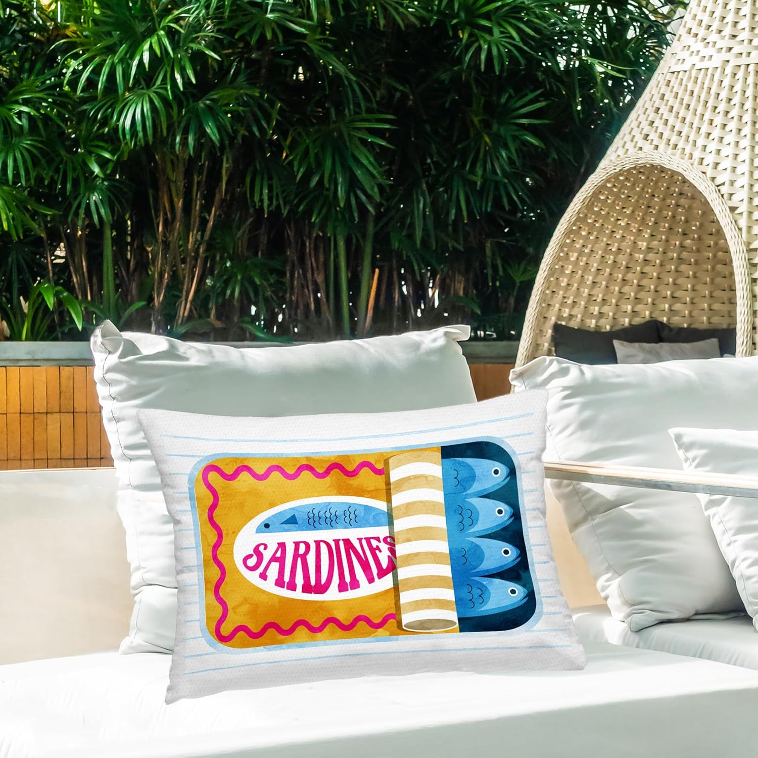 Stupell Industries - Yellow Sardine Tin Over Stripes Outdoor Pillow, 14 x 20 - Made in USA - By Daphne Polselli