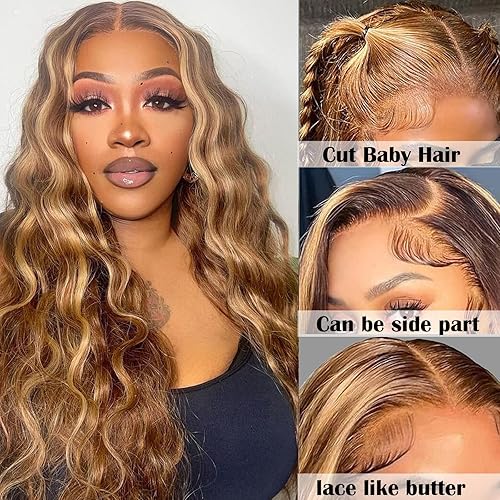 Miniatura 2 de Pelucas de cabello humano rubio miel con encaje frontal HD prearrancado, pelucas de cabello humano ondulado con encaje frontal sin pegamento, peluca
