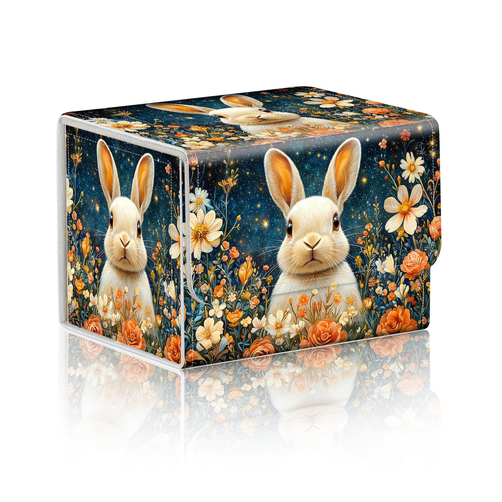 DISUOFEART Trading Card Storage Box, Holds 100+ for MTG Cards, PU Leather with Magnetic Closure, Golden Rabbit in Starry Floral Garden Durable Deck Box for Magic the Gathering, Trading Card Games
