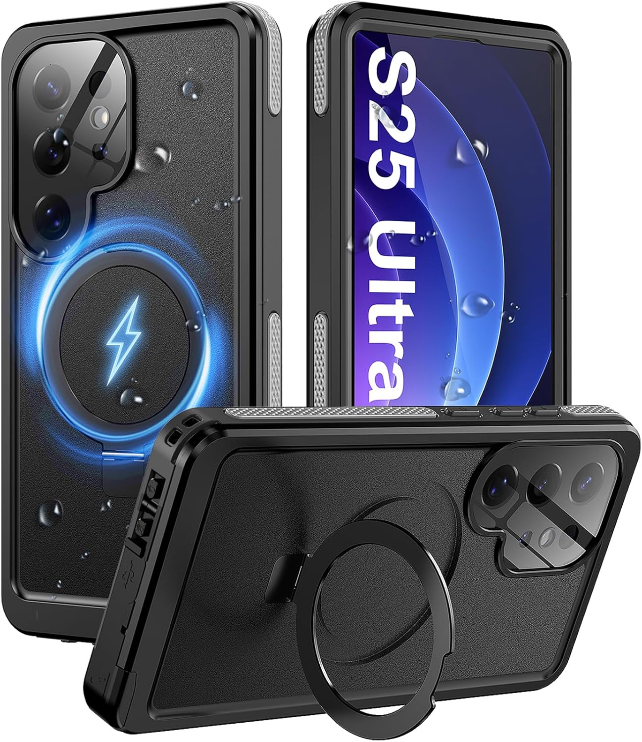 Hllhunkhe for Samsung Galaxy S25 Ultra Case, IP68 Waterproof Dustproof Case, [Built-in Screen Protector] [Invisible Kickstand] [Fit for Magsafe] Full Body Heavy Duty Rugged Phone Cover, Black