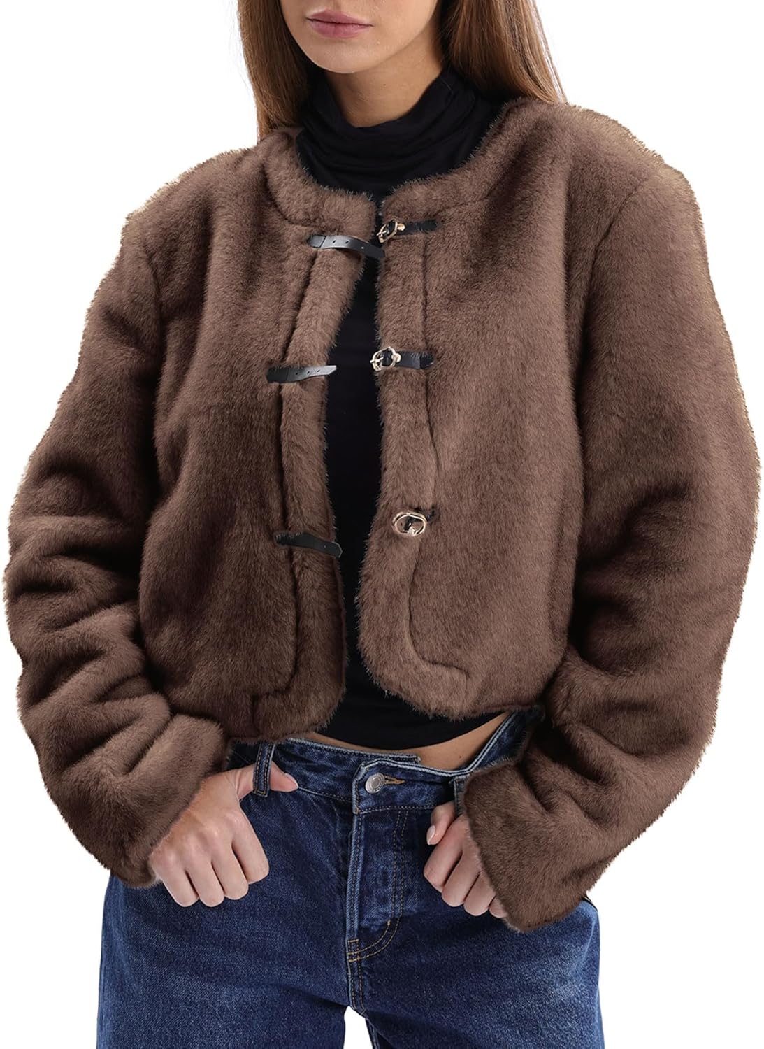Amazhiyu Women's Faux Fur Cropped Coat with Leather Belt Detail Winter Jacket