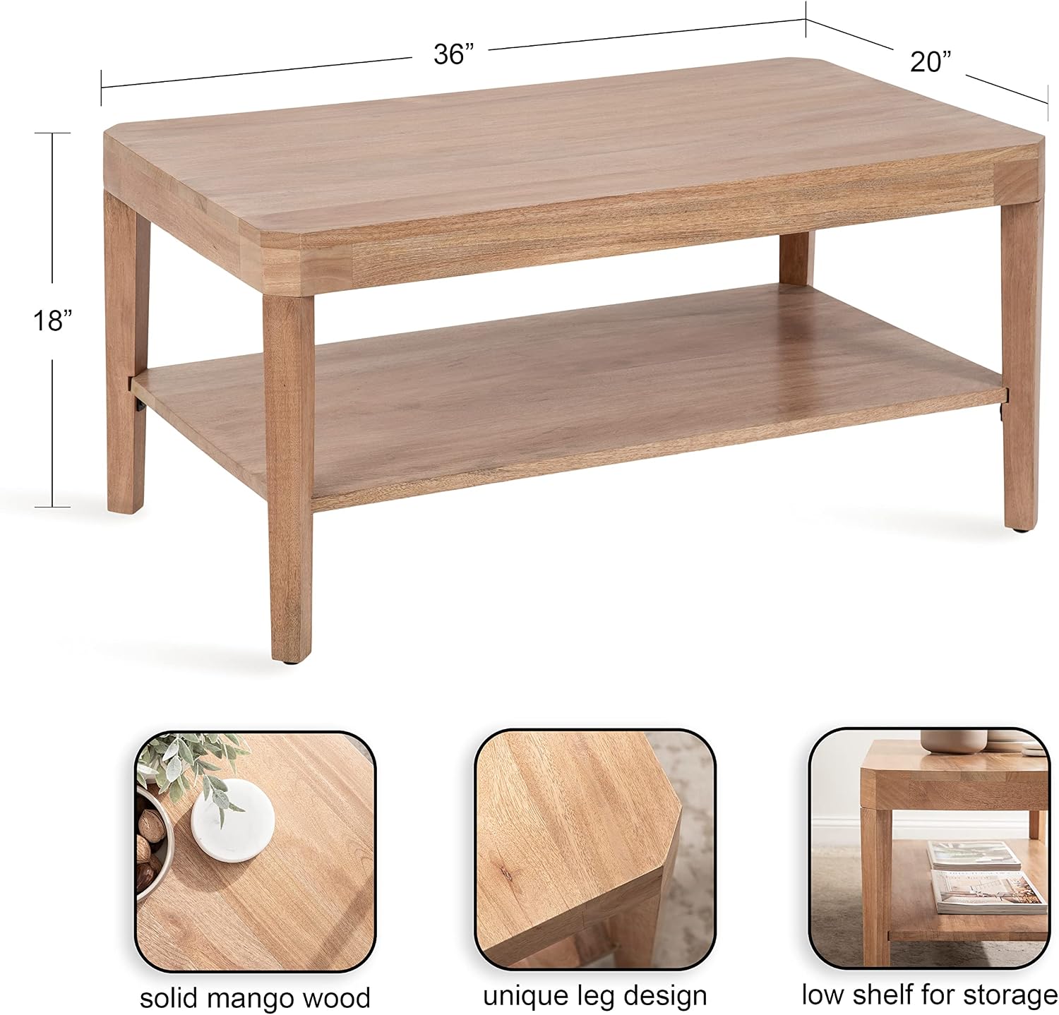 Kate and Laurel Talcott Tiered Rectangle Coffee Table; 36 x 20 x 18; Natural Brown; Transitional Two-Tier Rectangular Living Room Table with Storage and Mango Wood Construction