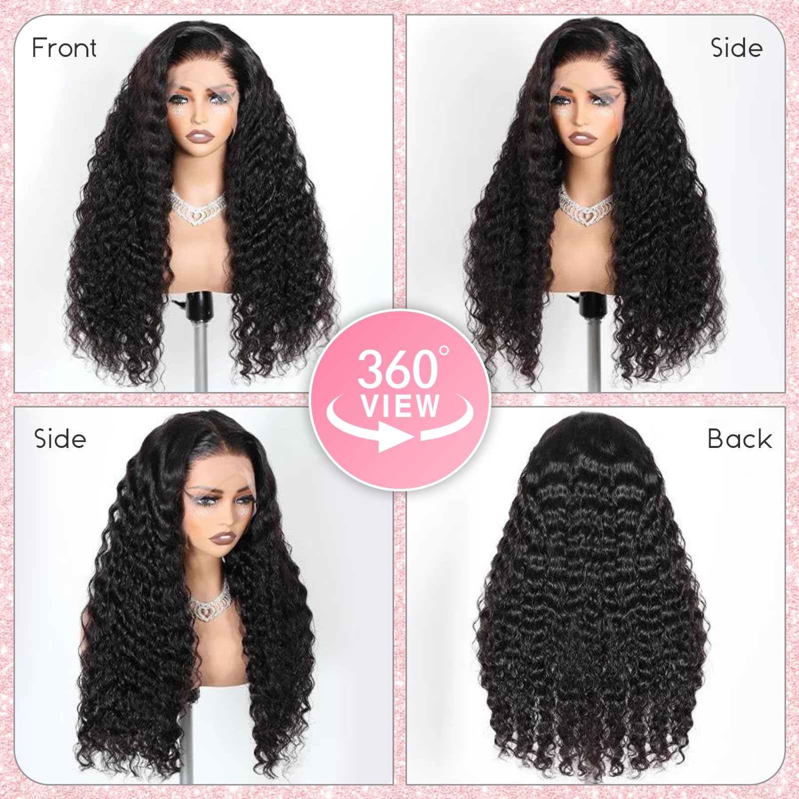 250 Density Hidden Strap Water Wave 360 Glueless Wigs Human Hair HD Full Frontal Wigs with Invisible Drawstring Curly Lace Wigs for Women 20 inch