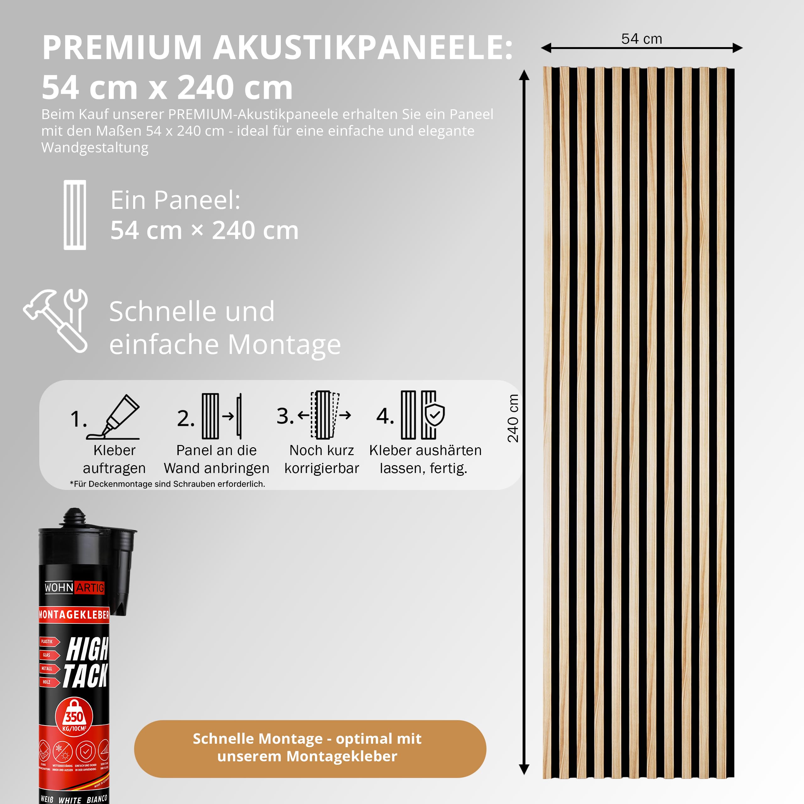 wohnartig 3D Akustikpaneele (Eiche Natur, 2 Stück 240cm x 54cm)