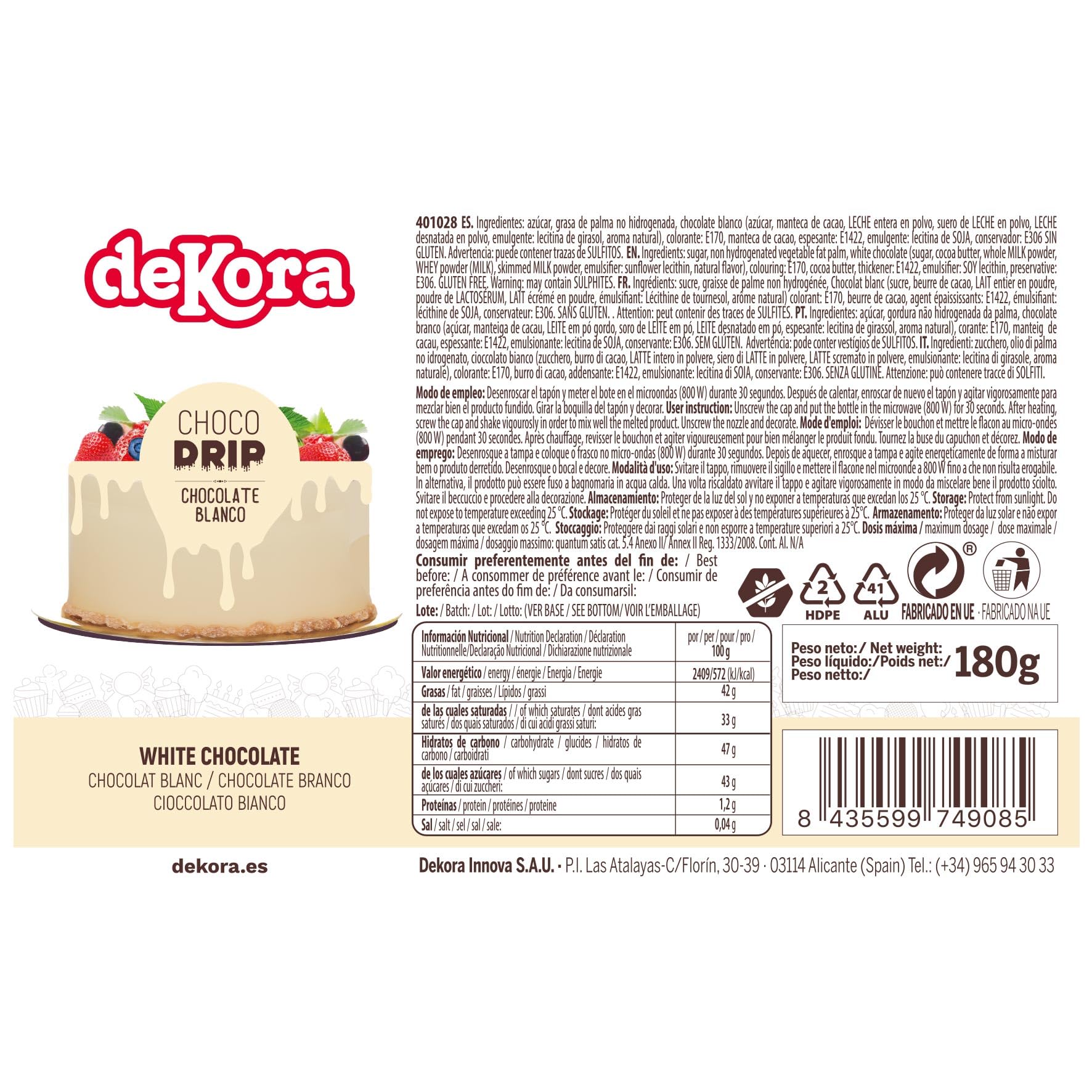 Dekora - Choco Drip Chocolate Blanco | Decoracion para Tartas de Chocolate Efecto Goteo - 180 g