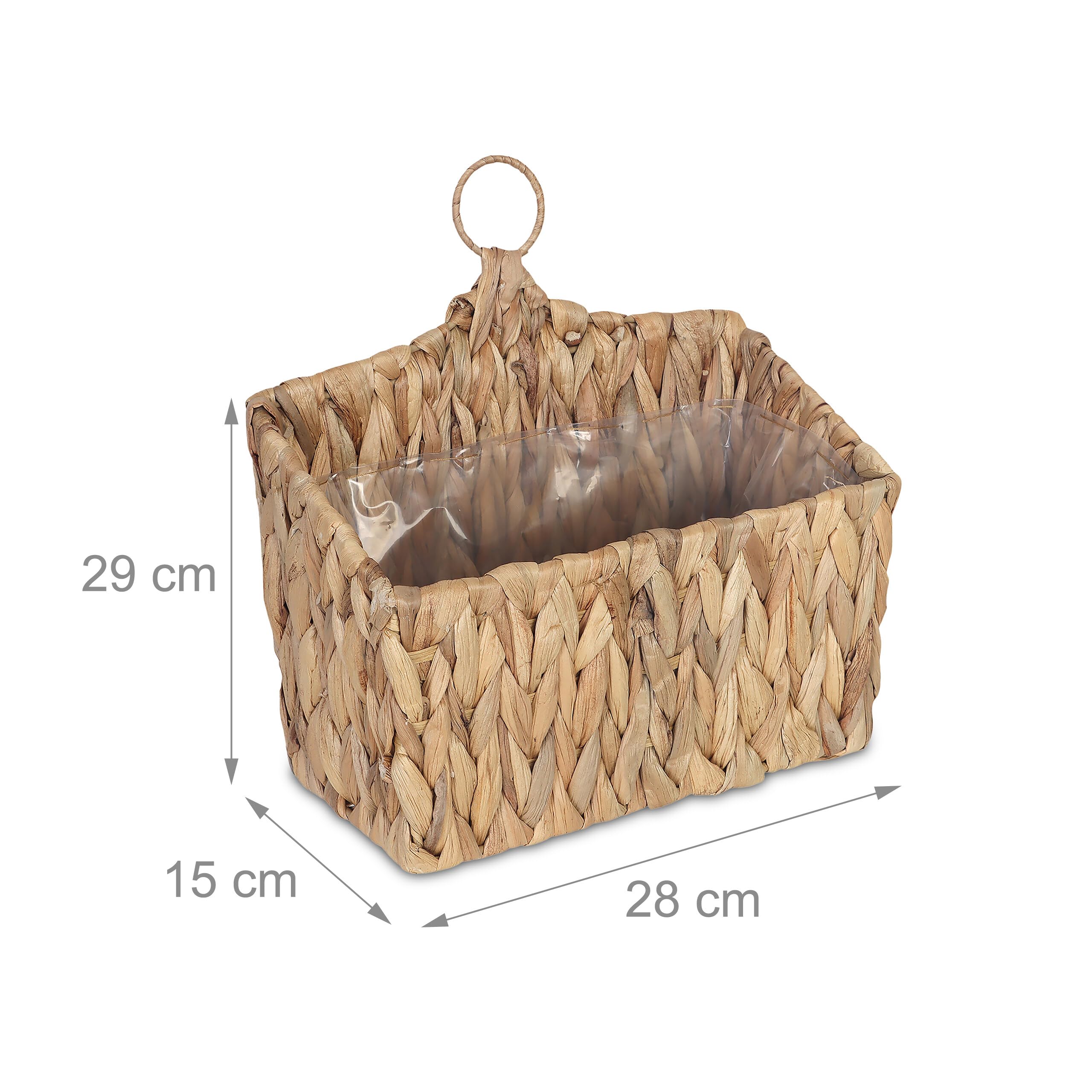 Relaxdays Maceta Colgante de Agua, Hierbas, Plantas, HBT 29 x 28 x 15 cm, Cesta Trenzada, Forro, Anillo, Natural, Fibra Vegetal, Hierro, Plástico