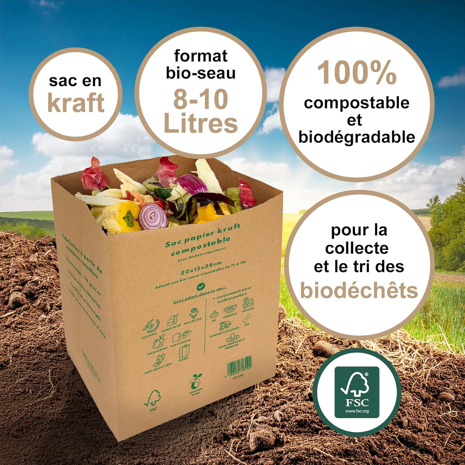La Cordeline 20 x 10L Compostable Kraft Paper Bags for Home Organic Waste, Reinforced Flat Bottom
