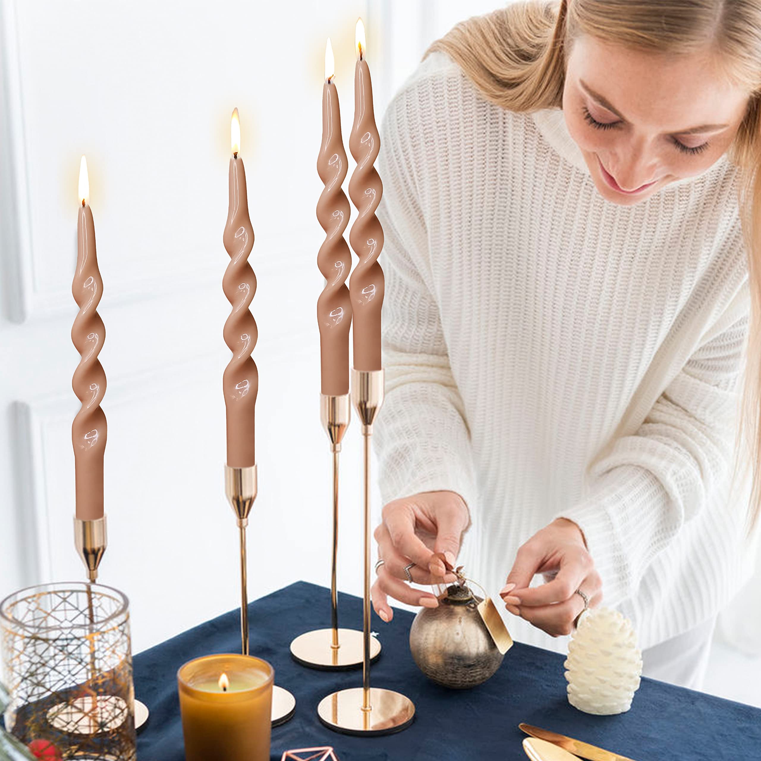 Braune spiralförmige Kerzen, 4 Stück, geruchlose Kerzen, Kerzenstäbchen für Abendessen, Haushalt, Hochzeit, Party, Heimdekoration, Kerzen
